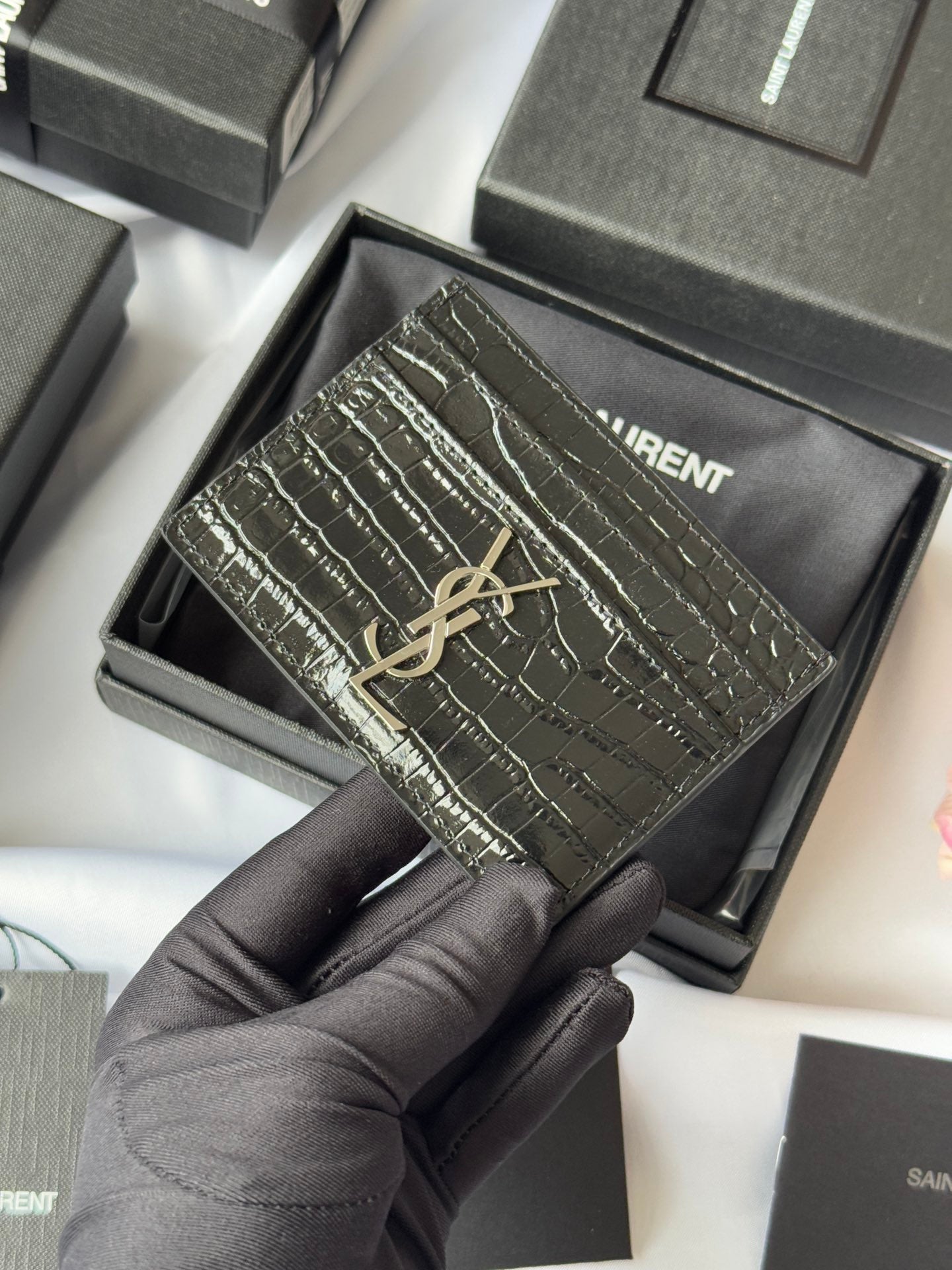 YSL Card Holder 10cm Wallet Black Silver Leather 240554
