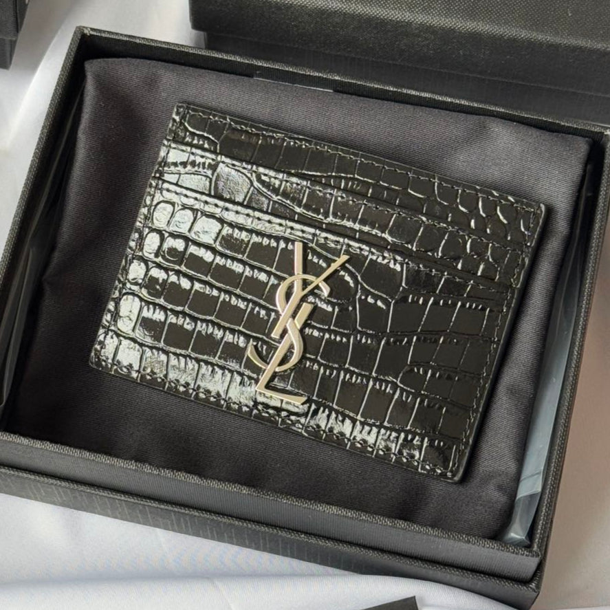 YSL Card Holder 10cm Wallet Black Silver Leather 240554