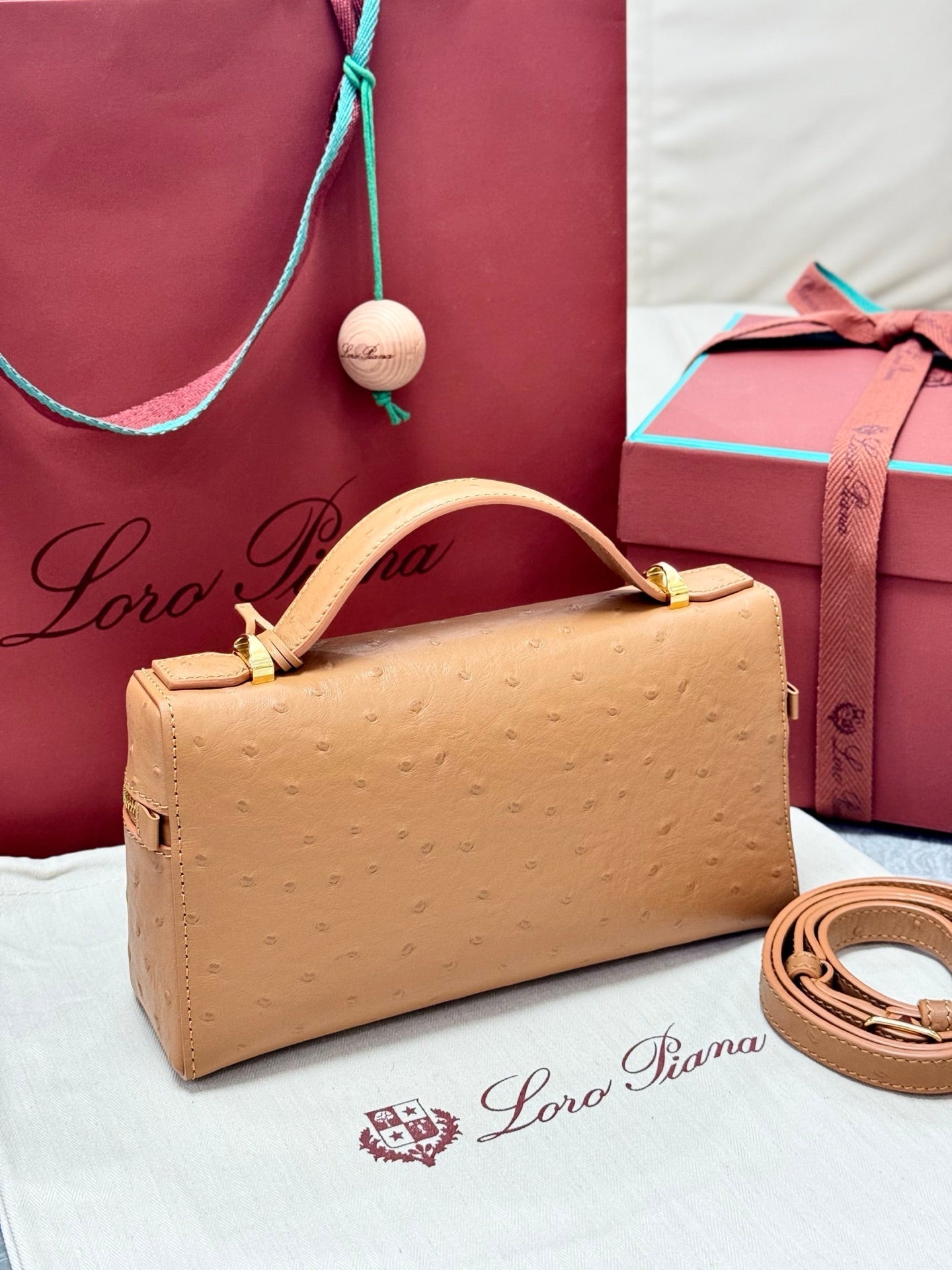 LP 2026 Extra Bag L23 Brown Ostrich Leather With Gold Hardware