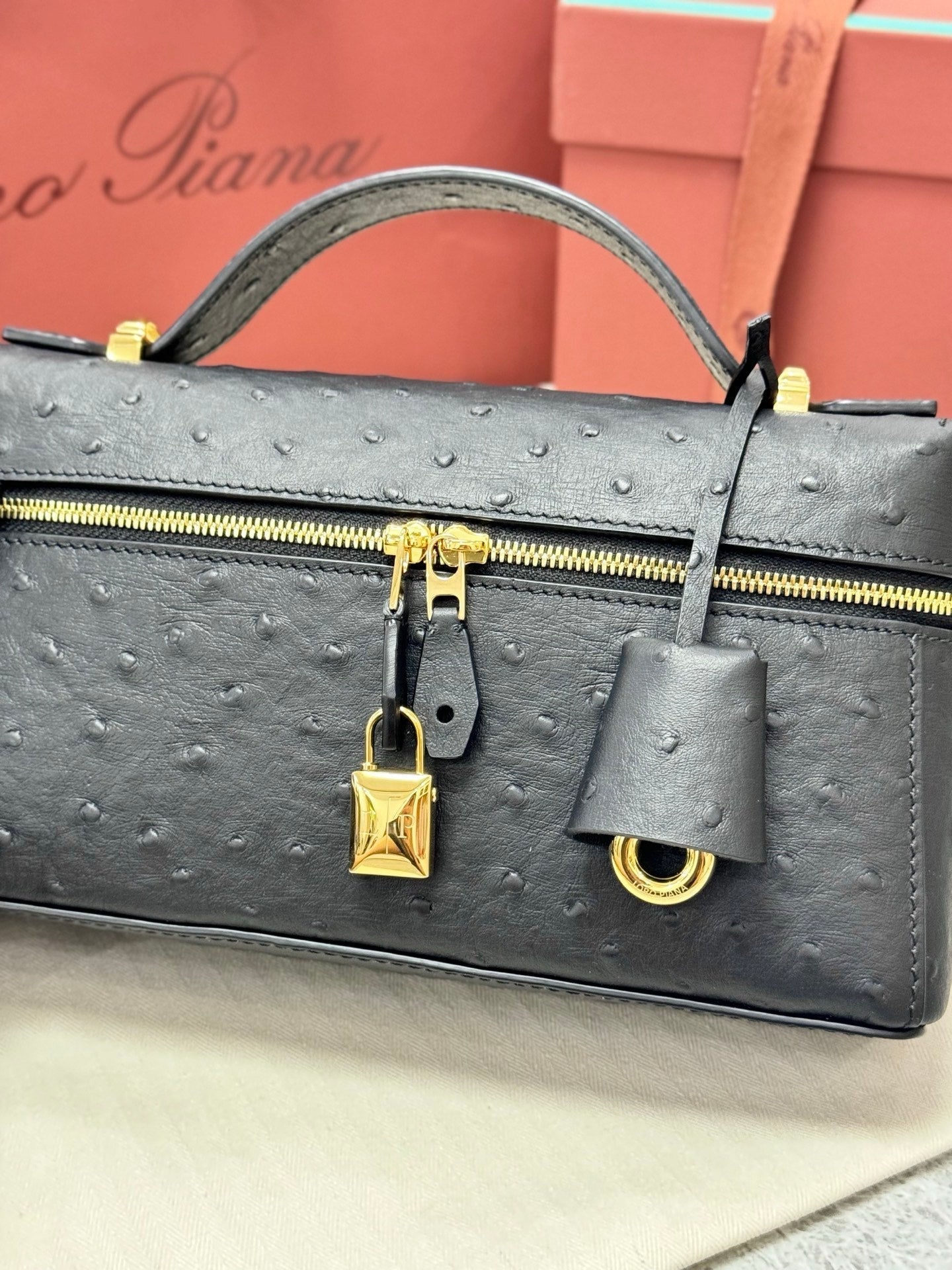 LP 2026 Extra Bag L23 Black Ostrich Leather With Gold Hardware