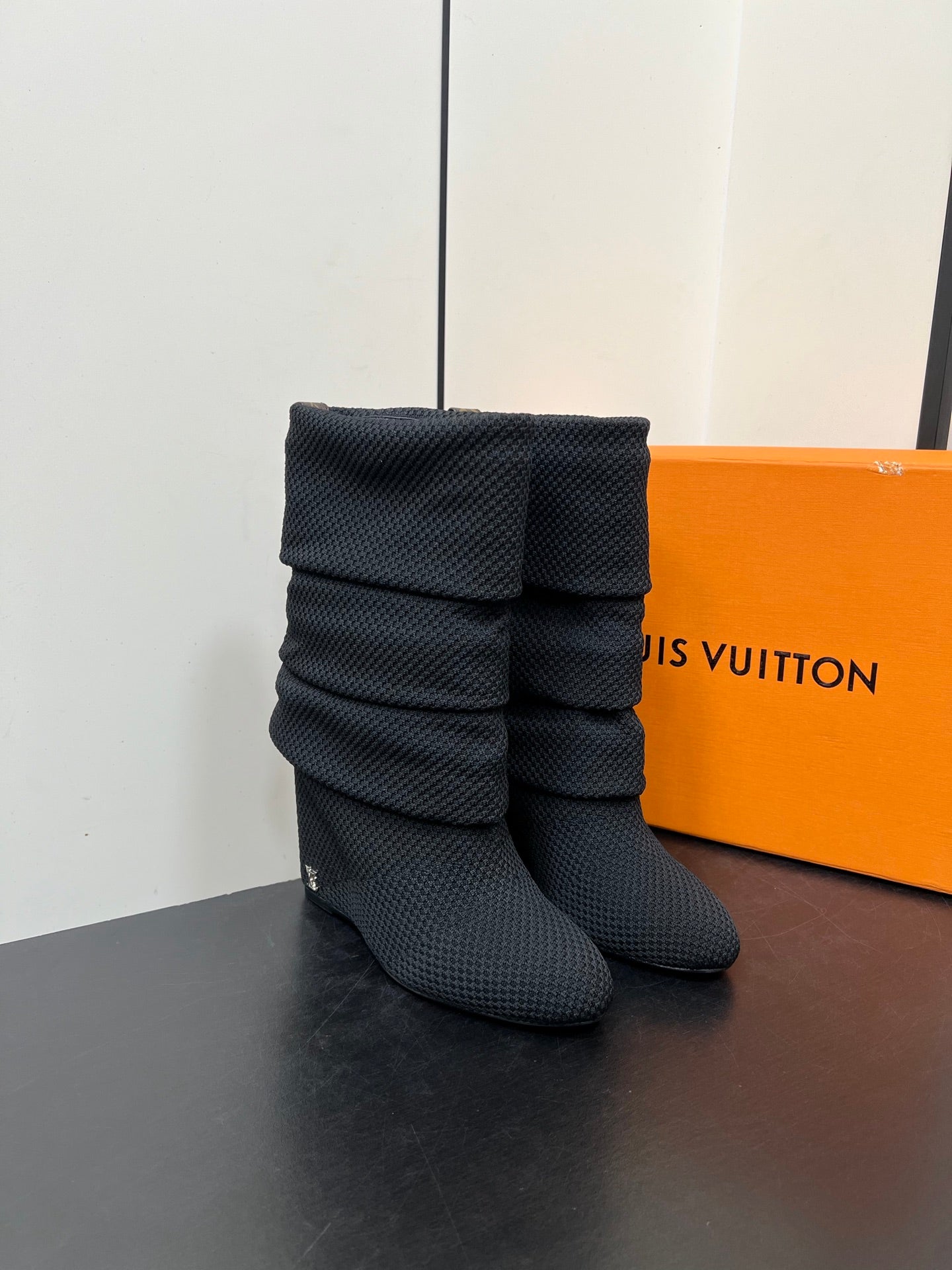 LV 26s Mid-Calf Boots 110 Black Knit Fabric 619404