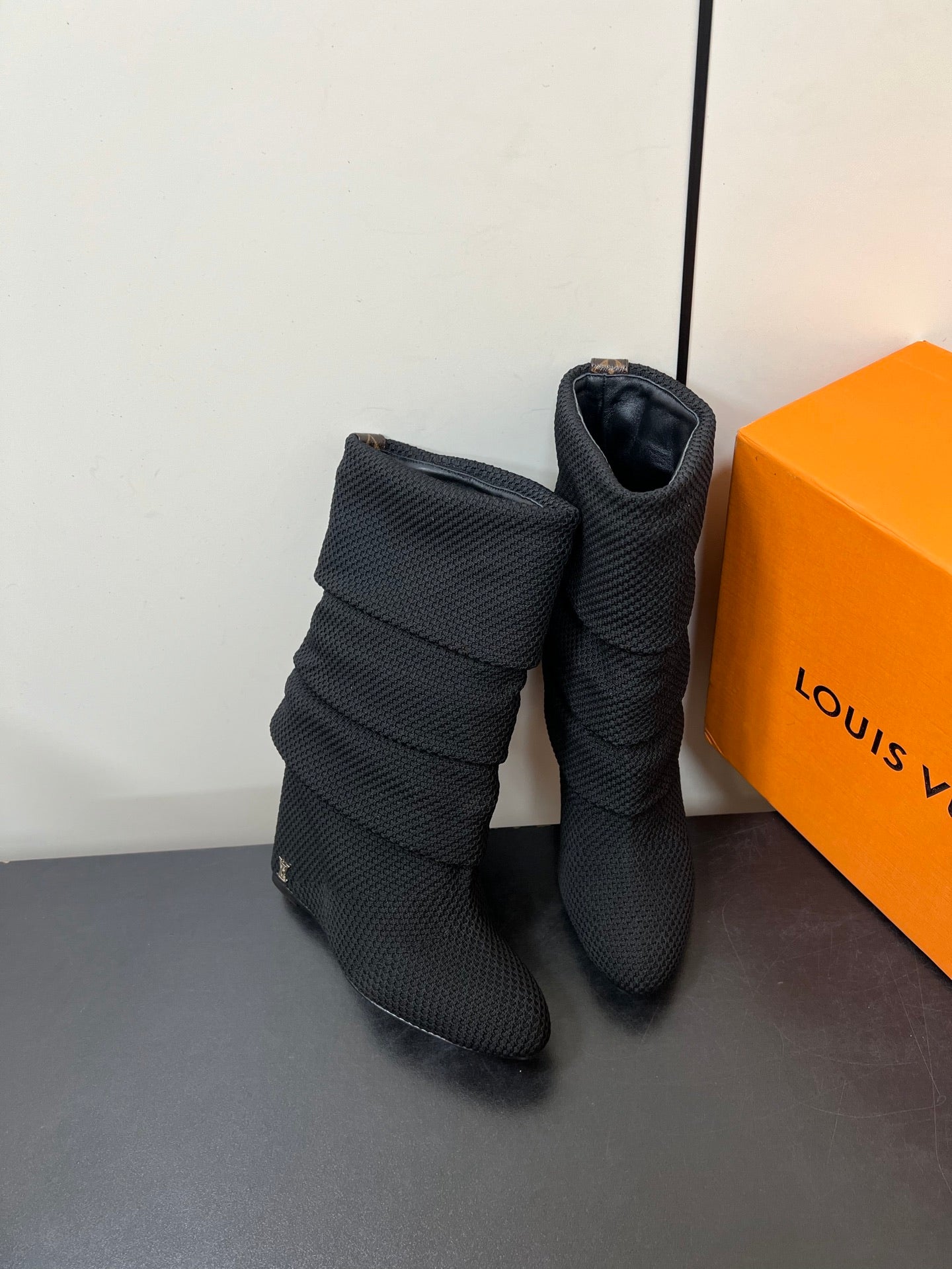 LV 26s Mid-Calf Boots 110 Black Knit Fabric 619404