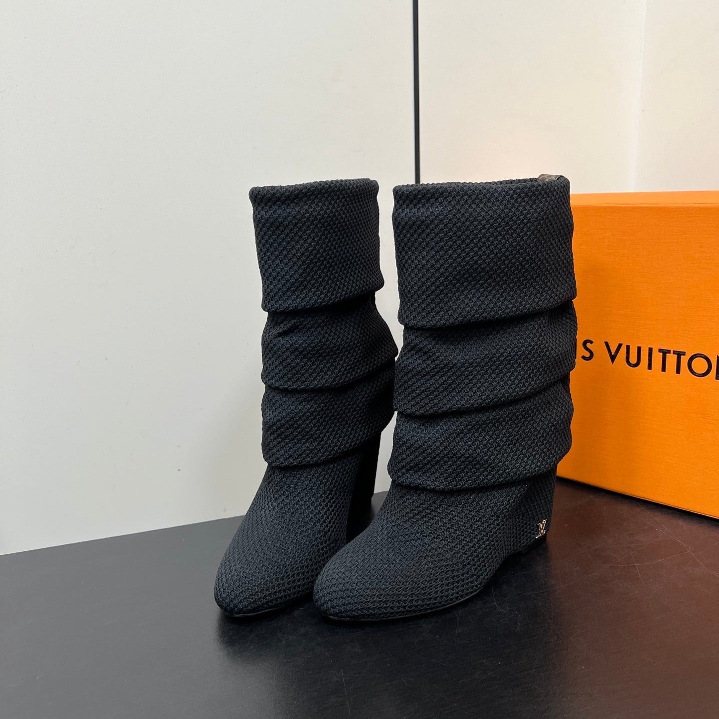 LV 26s Mid-Calf Boots 110 Black Knit Fabric 619404