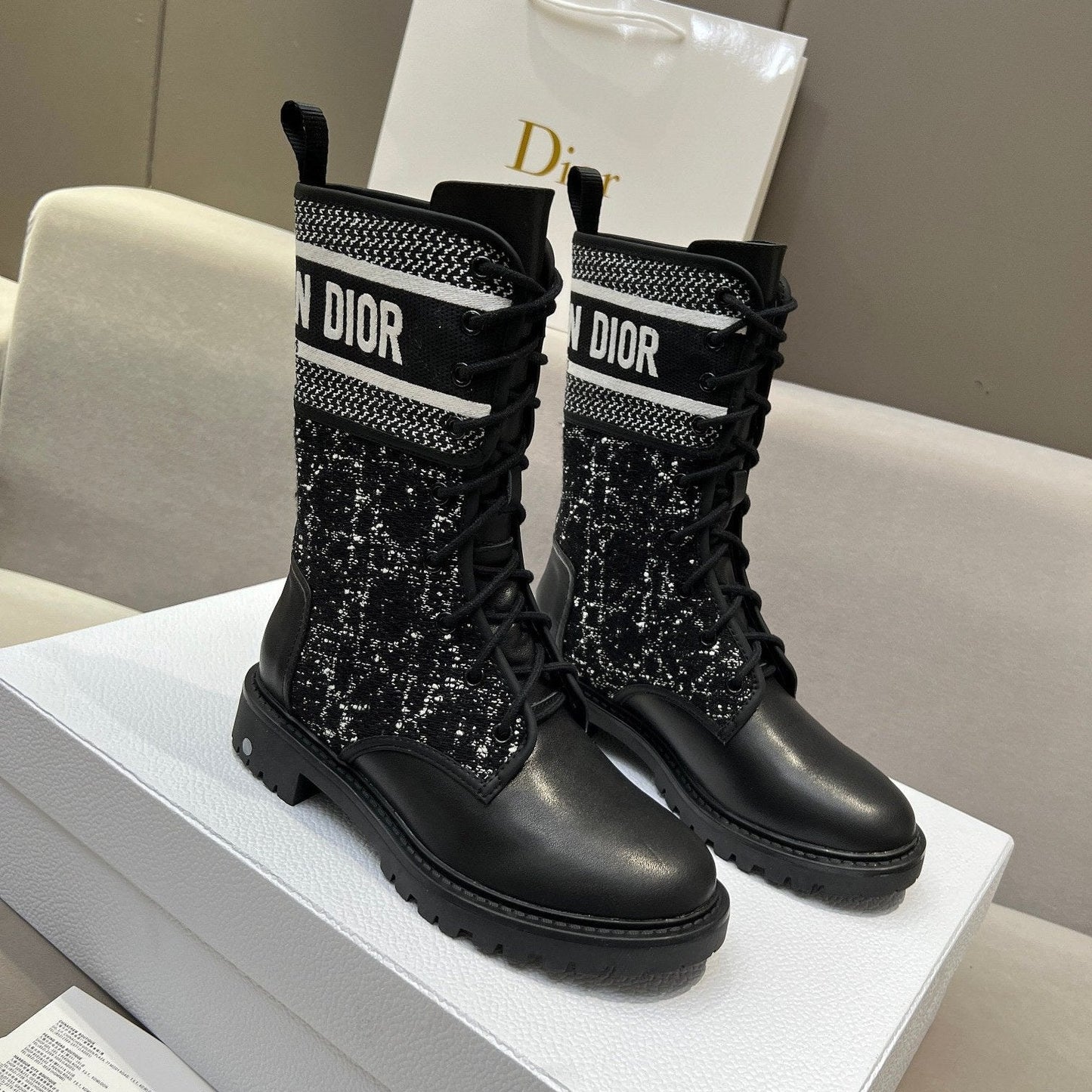 CD D-Major Ankle Boot In Black Mix White Tweed And Lambskin  107725