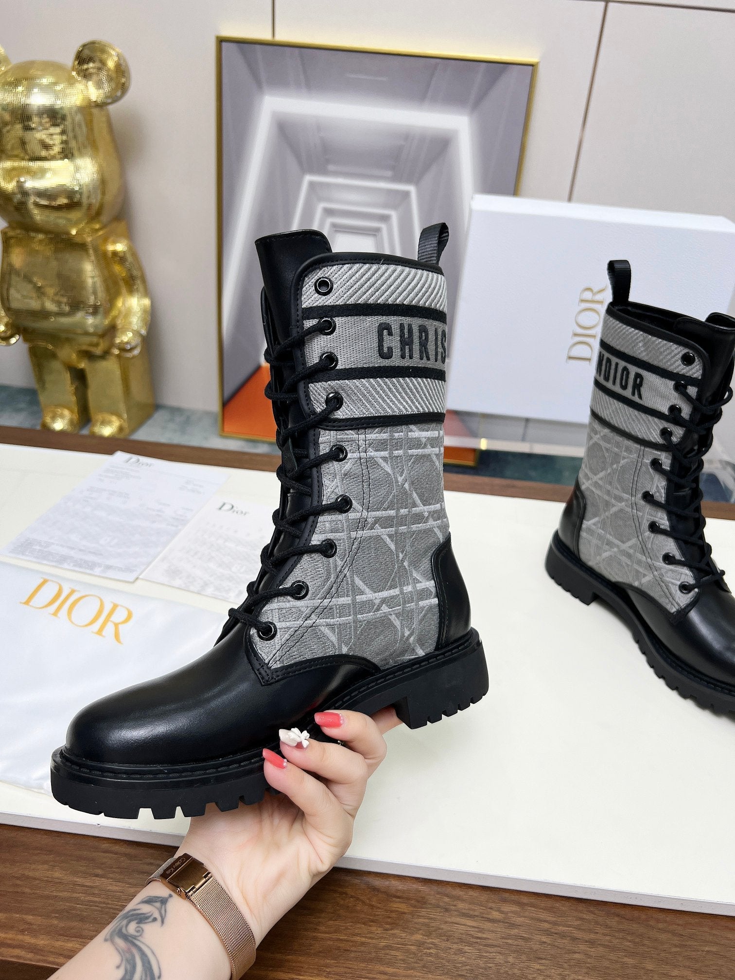 CD D-Major Ankle Boot In Grey Mix Black Denim Fabric And Lambskin  107724