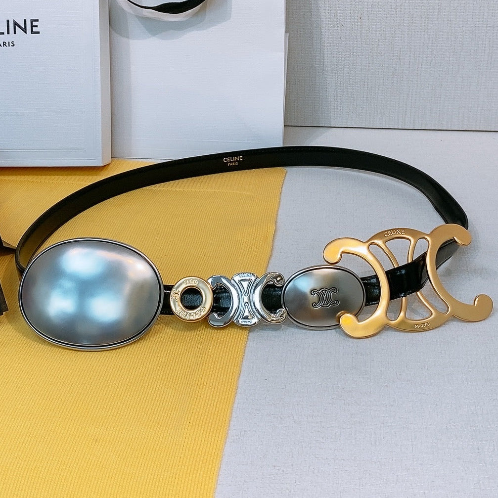 Celine 2026 Signature Belt 1.8cm Black Gold Silver Taurillon Leather
