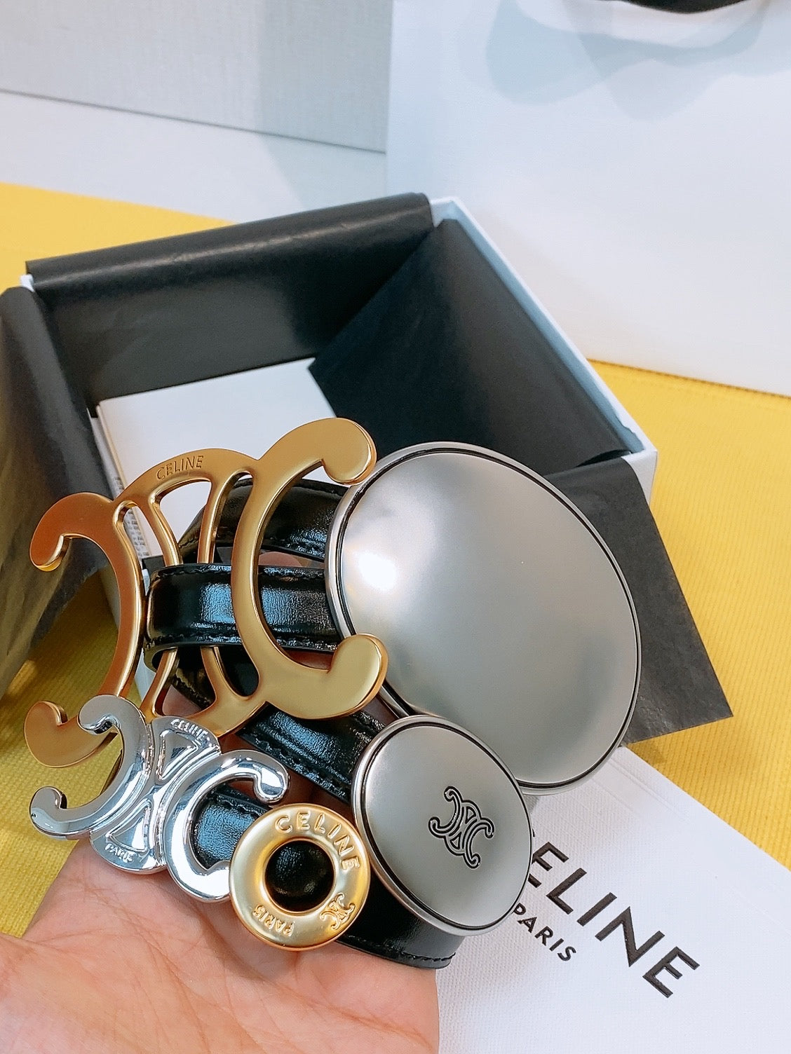 Celine 2026 Signature Belt 1.8cm Black Gold Silver Taurillon Leather