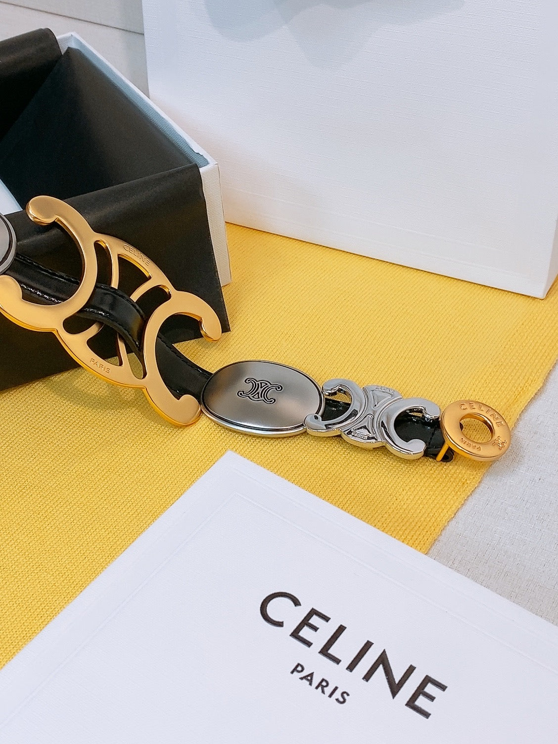 Celine 2026 Signature Belt 1.8cm Black Gold Silver Taurillon Leather