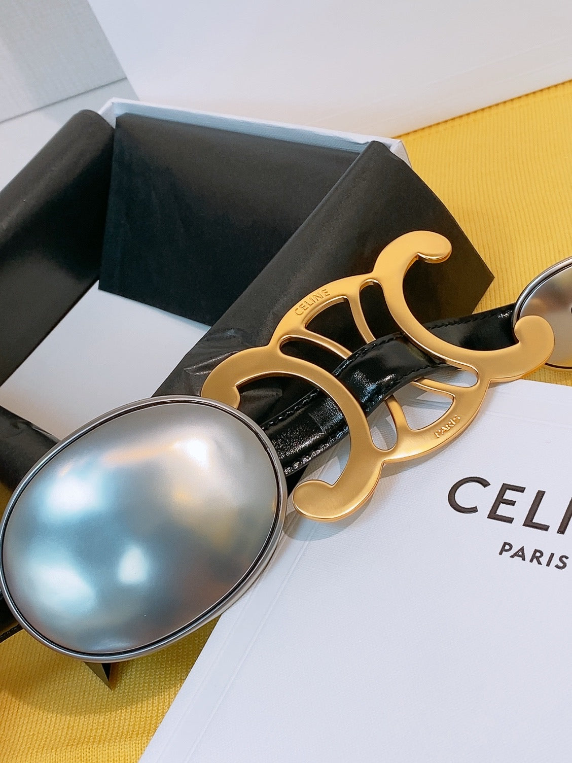Celine 2026 Signature Belt 1.8cm Black Gold Silver Taurillon Leather