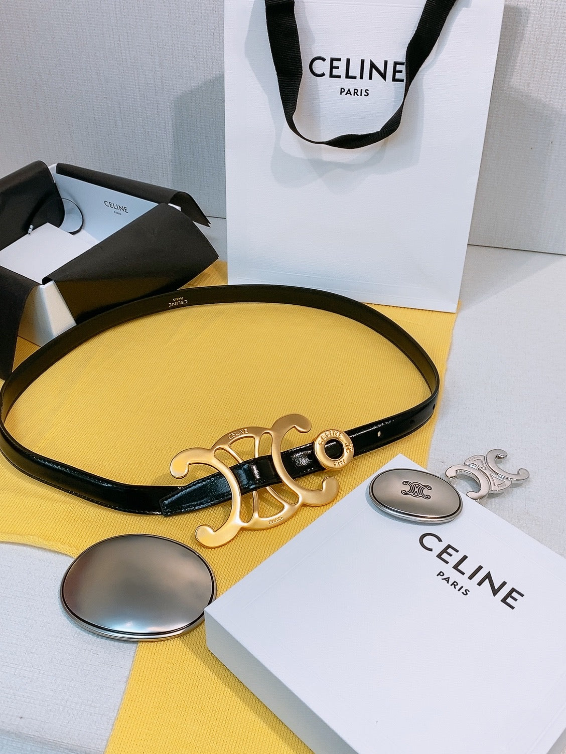 Celine 2026 Signature Belt 1.8cm Black Gold Silver Taurillon Leather