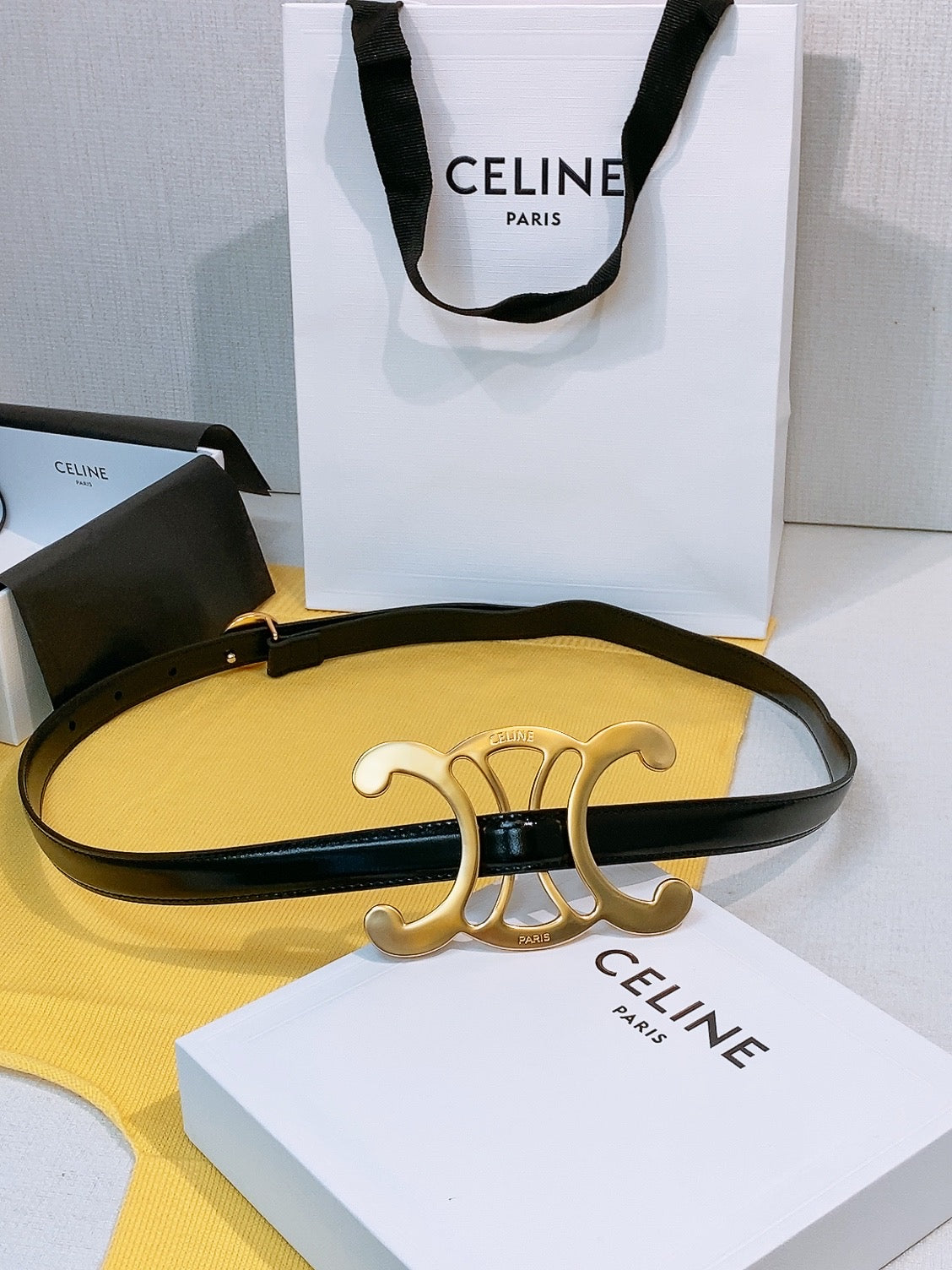 Celine 2026 Signature Belt 1.8cm Black Gold Silver Taurillon Leather