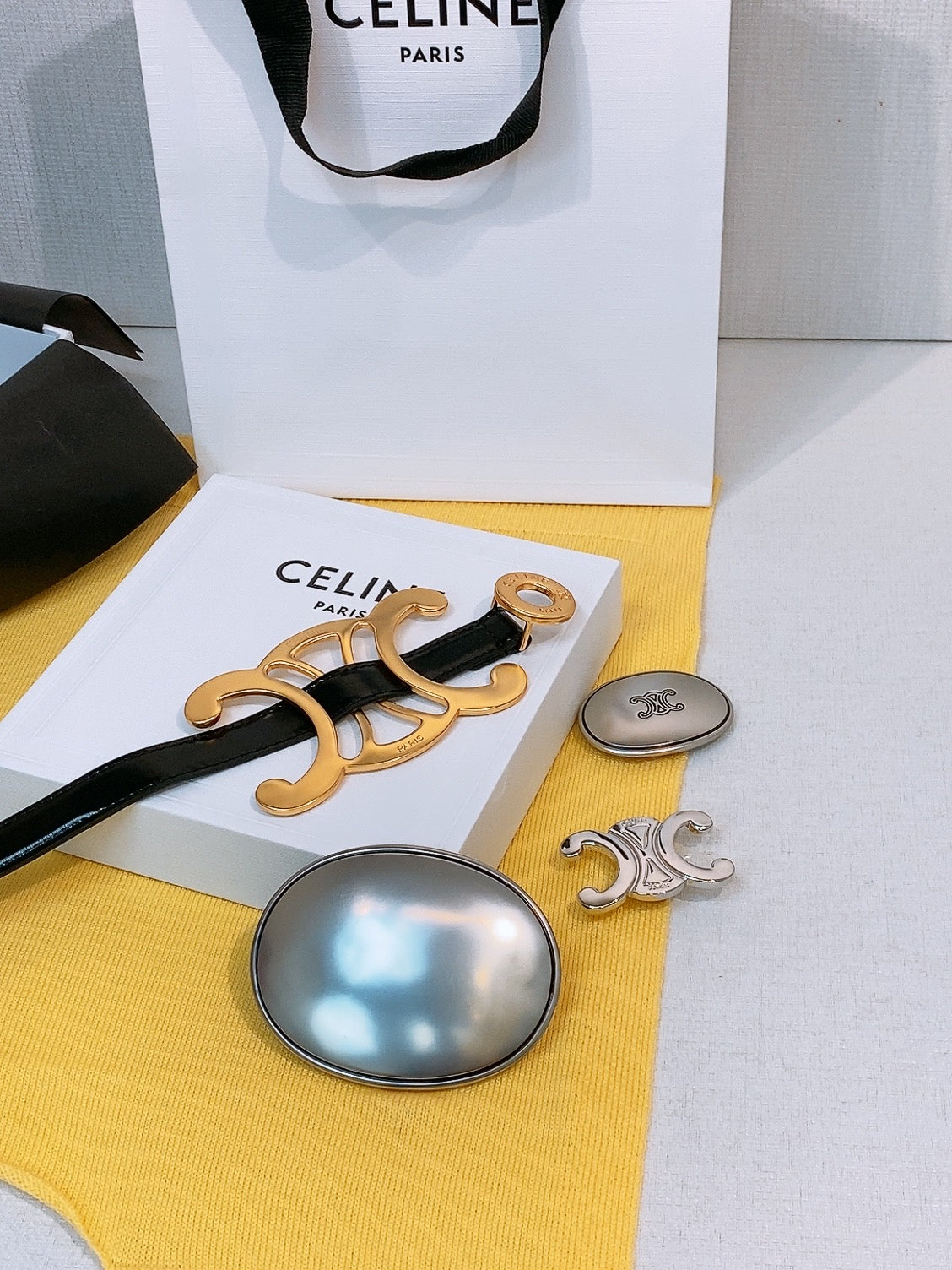 Celine 2026 Signature Belt 1.8cm Black Gold Silver Taurillon Leather