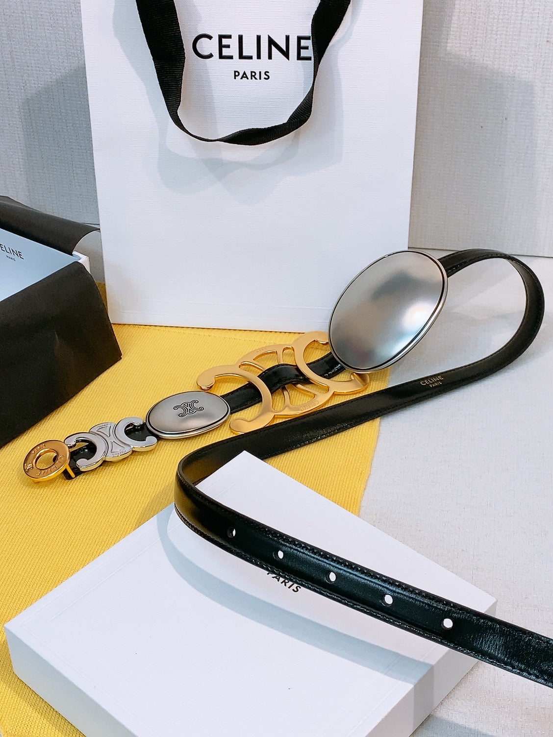 Celine 2026 Signature Belt 1.8cm Black Gold Silver Taurillon Leather