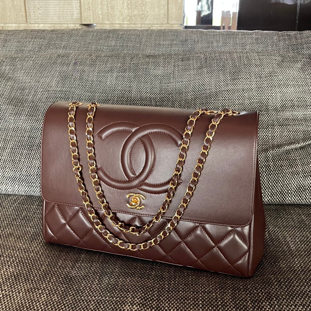 Chanel 2026 Vintage Quilted Large CC Flap Bag 33cm Embossed Calfskin
