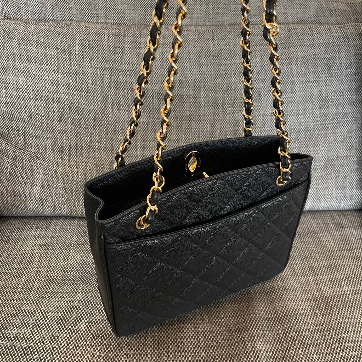 Chanel 2026 Vintage Shopping Tote Bag 28cm Black Embossed Calfskin
