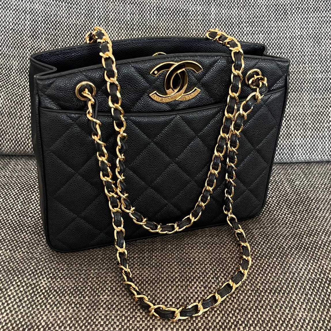 Chanel 2026 Vintage Shopping Tote Bag 28cm Black Embossed Calfskin
