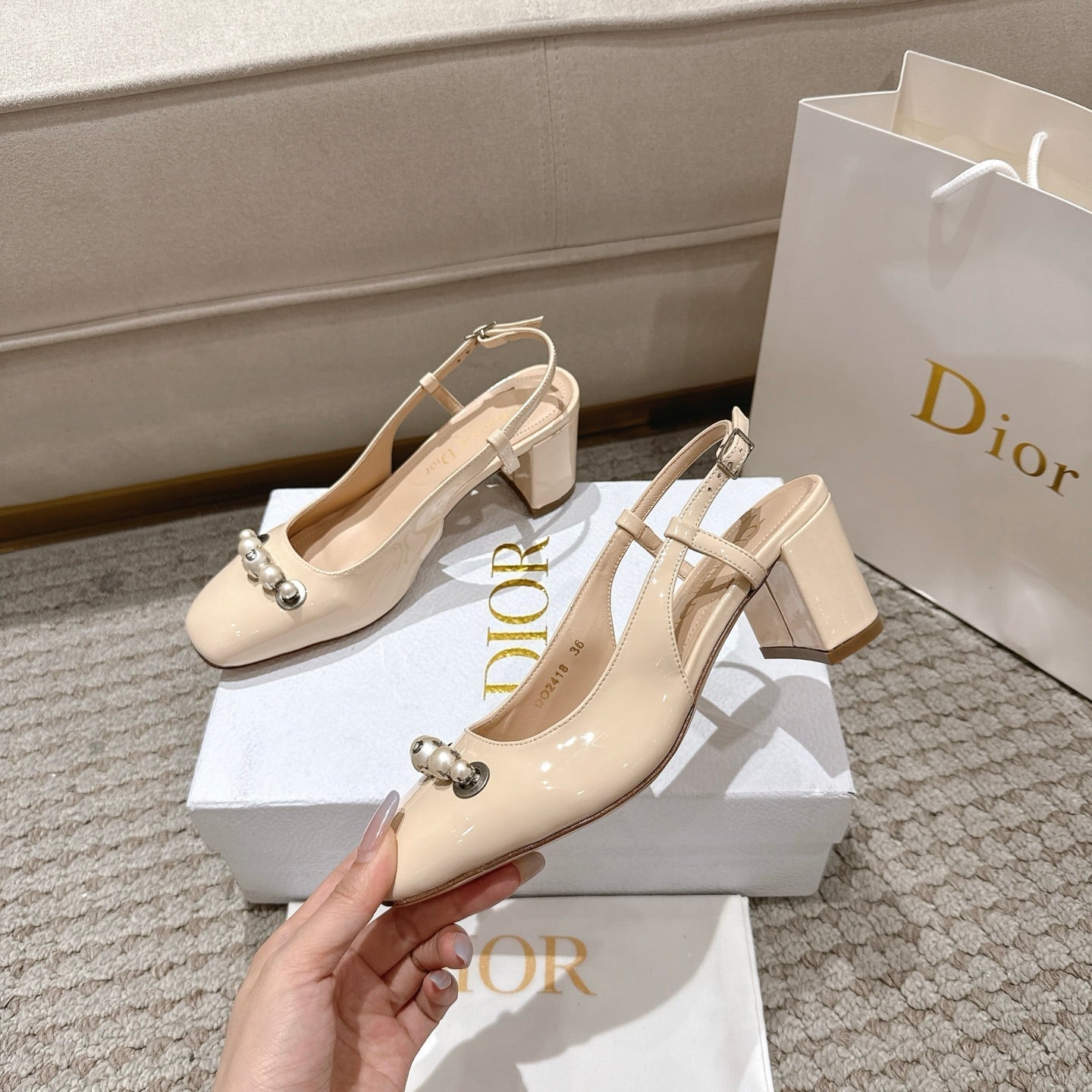 CD 25 slingback beige pearls patent leather 396118