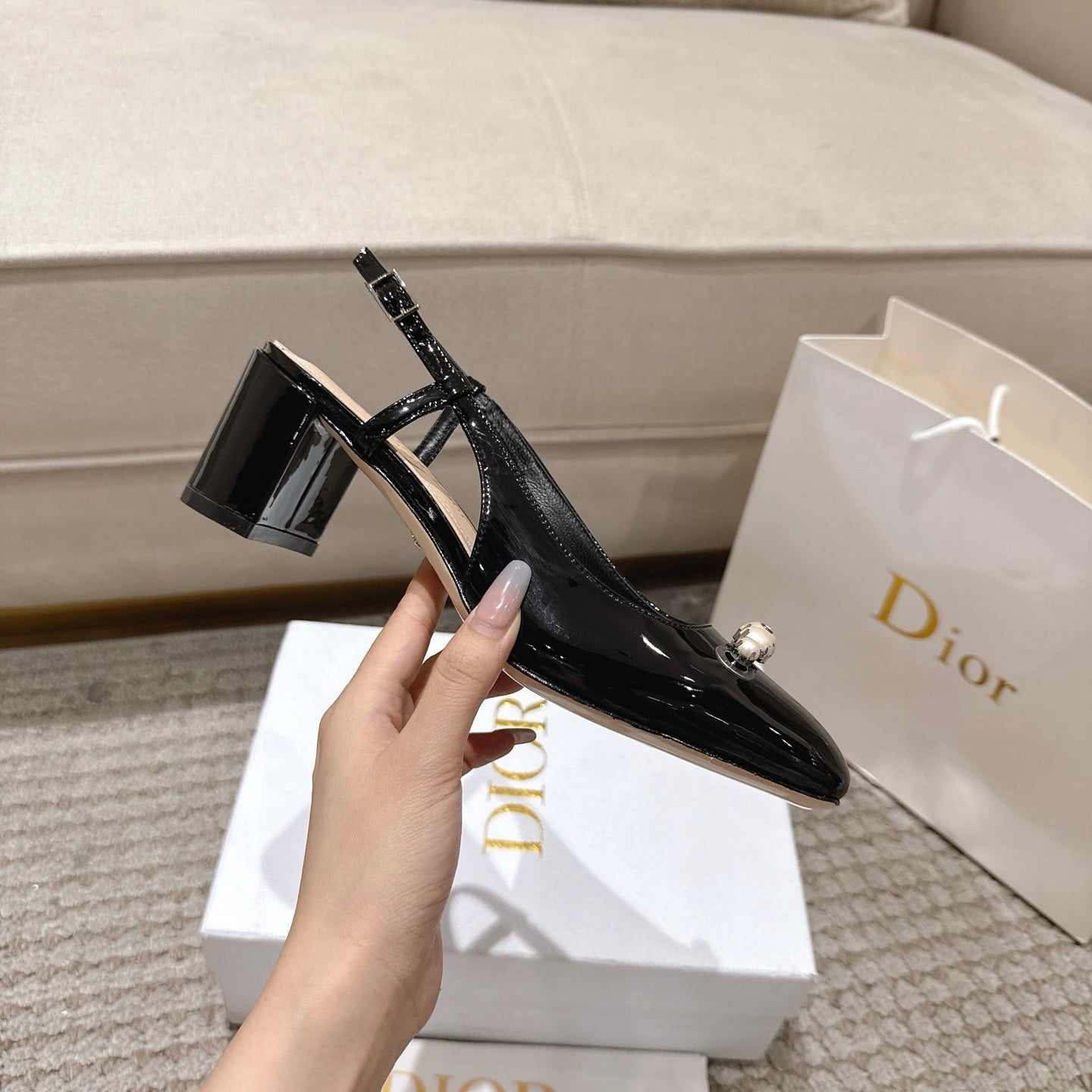 CD 25 slingback black pearls patent leather 396119