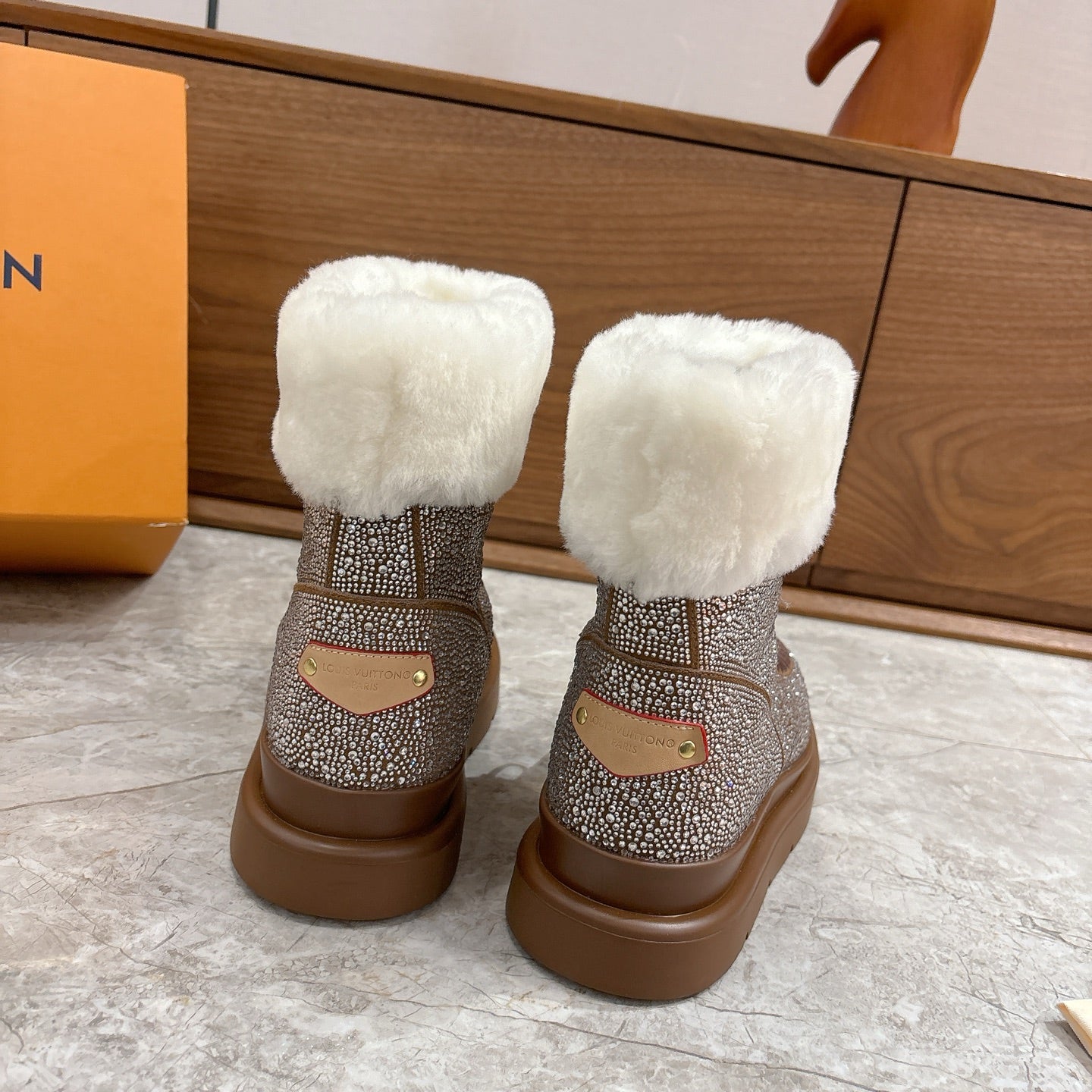 LV 2026 Cortina Ankle Boot Silver Brown White Silver Sequin Wool 594927
