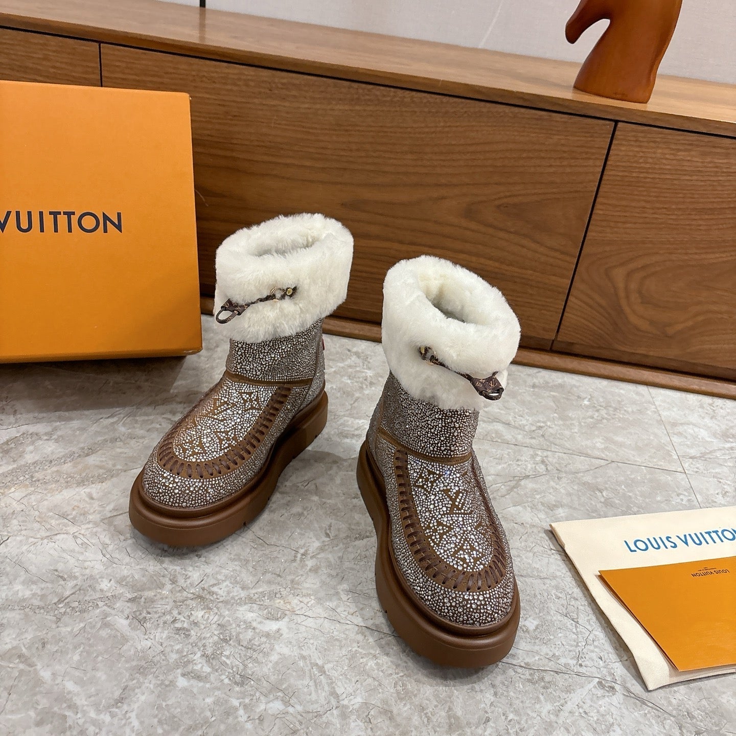 LV 2026 Cortina Ankle Boot Silver Brown White Silver Sequin Wool 594927