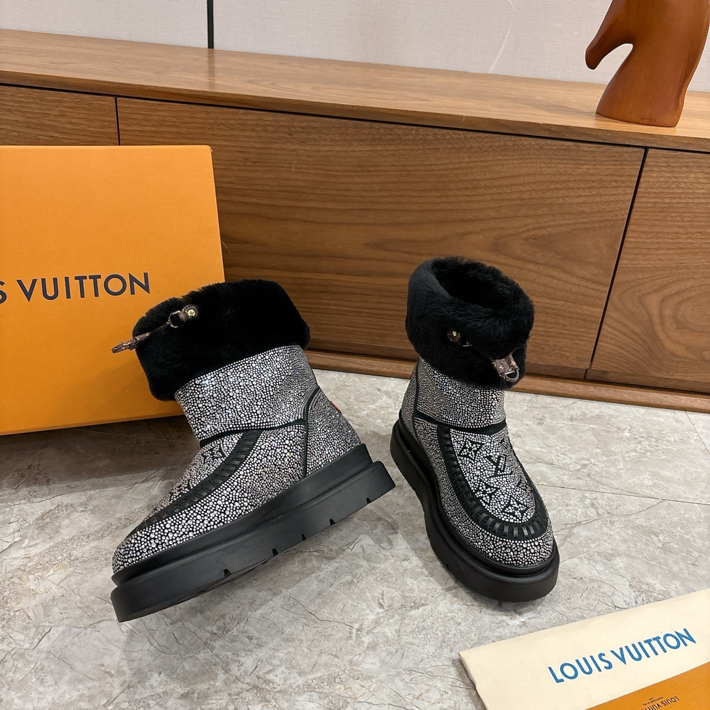 LV 2026 Cortina Ankle Boot Black Silver Sequin Wool 594928