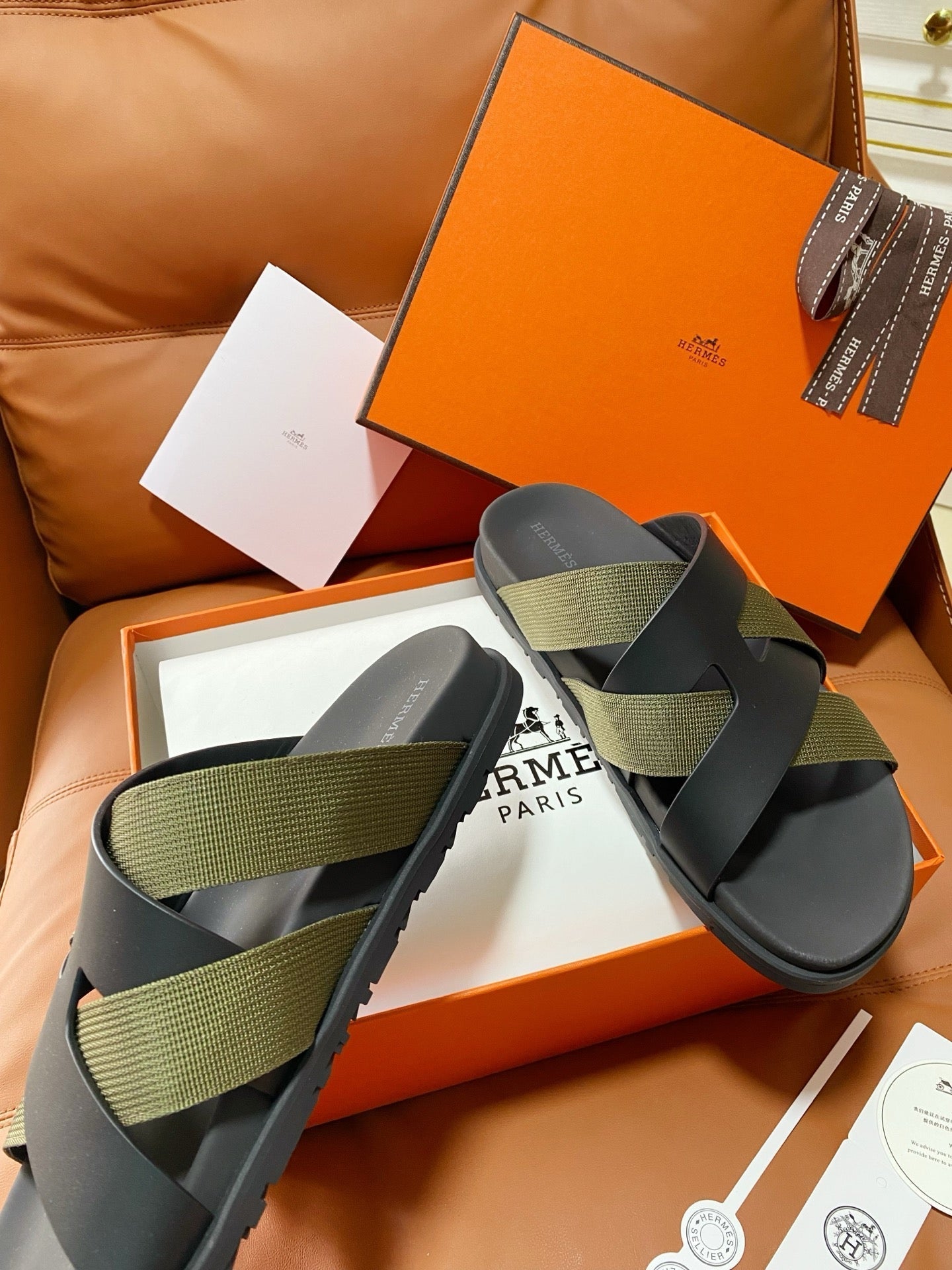HM 2026 Cross Sandals Black Green Calfskin 667283