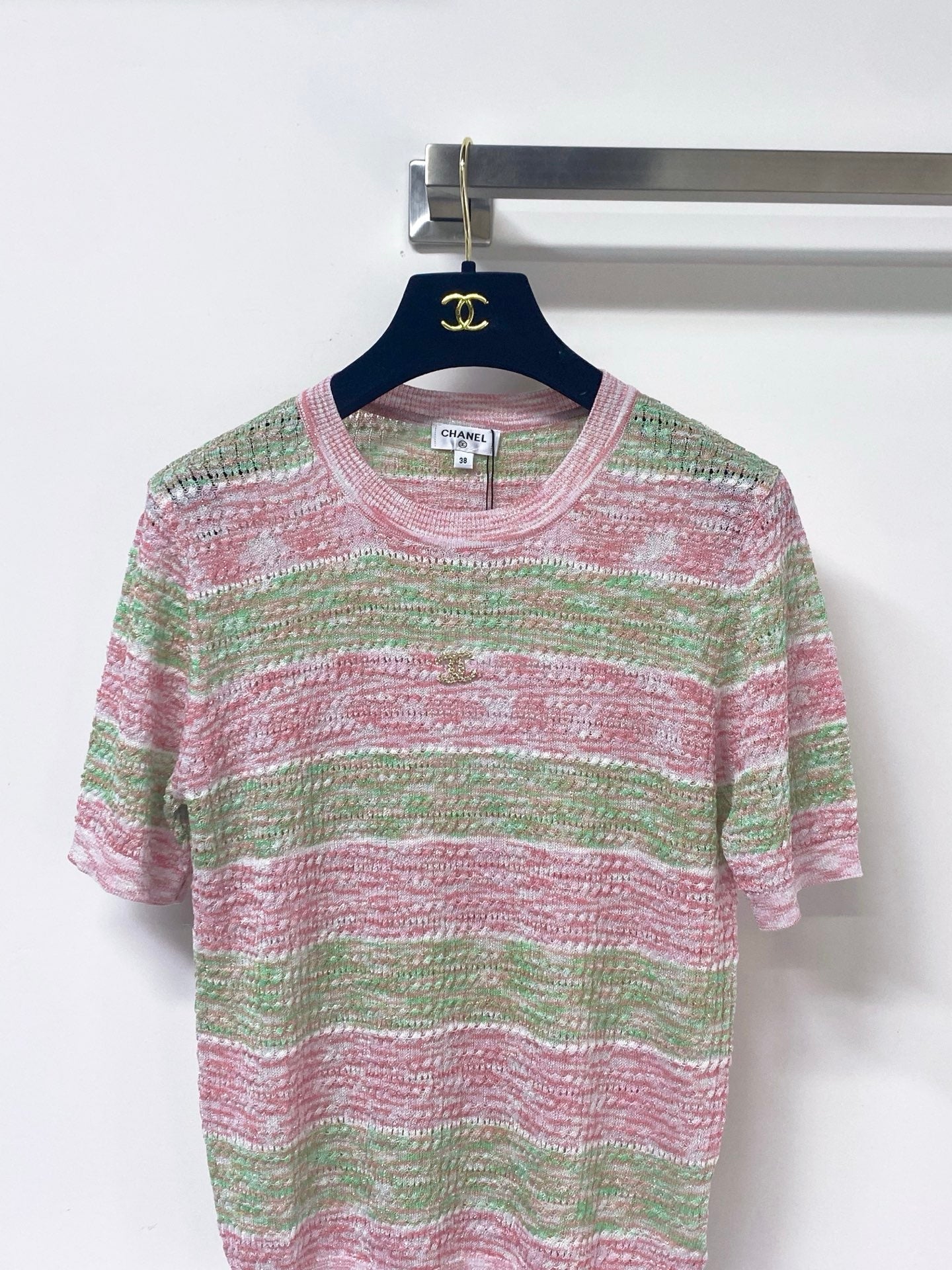 Chanel 2026 Striped Knit Short-Sleeve Sweater Wool 435128