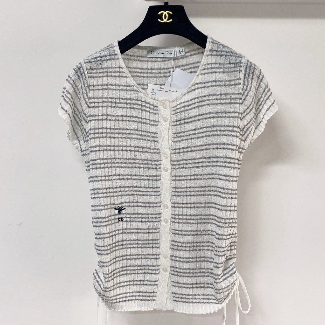Dior 2026 Striped Short-Sleeve Cardigan White Grey Acrylic 463518