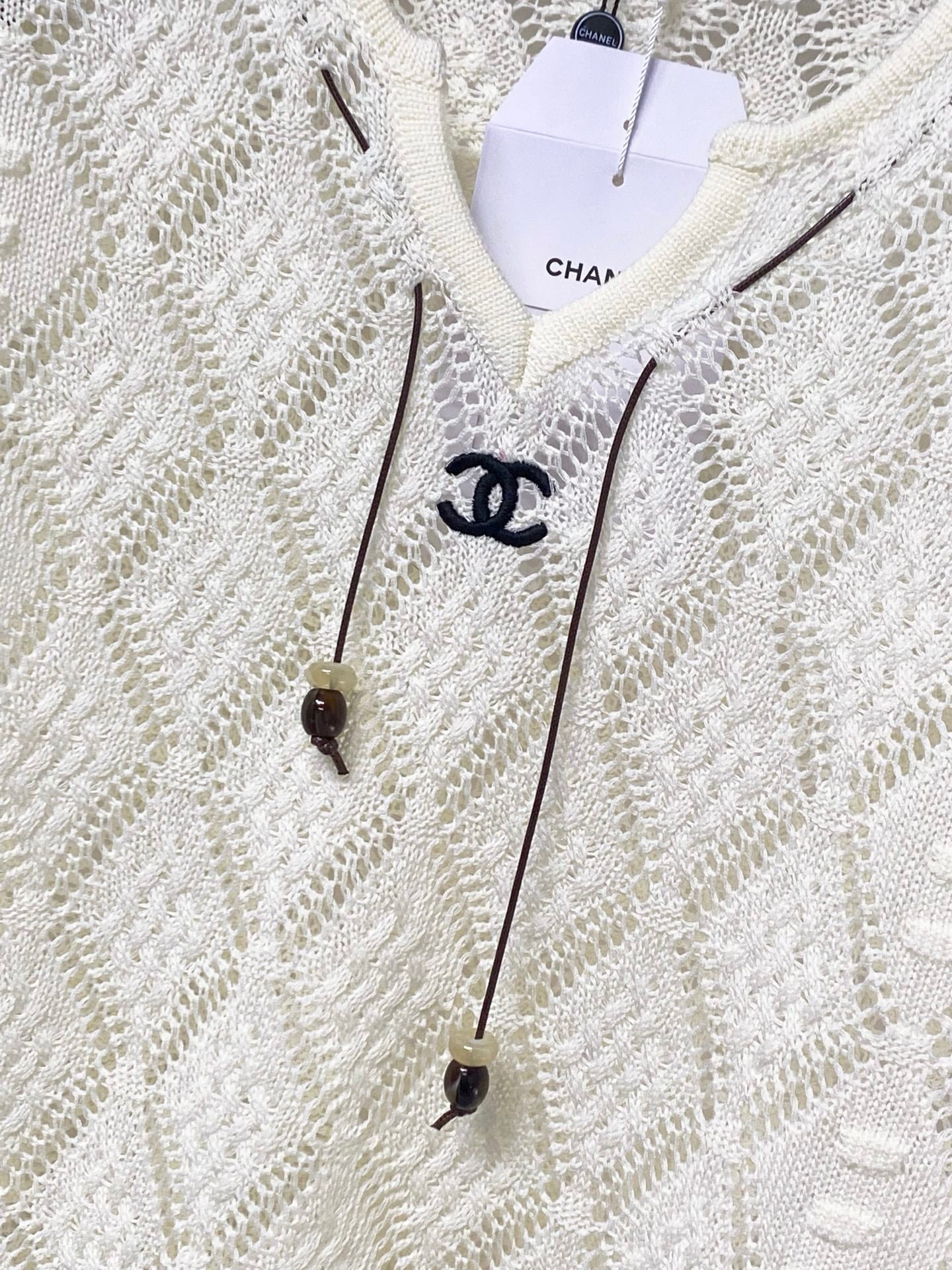 Chanel 2026 Hollow-Out Knit Top Drawstring Laine Wool 479951