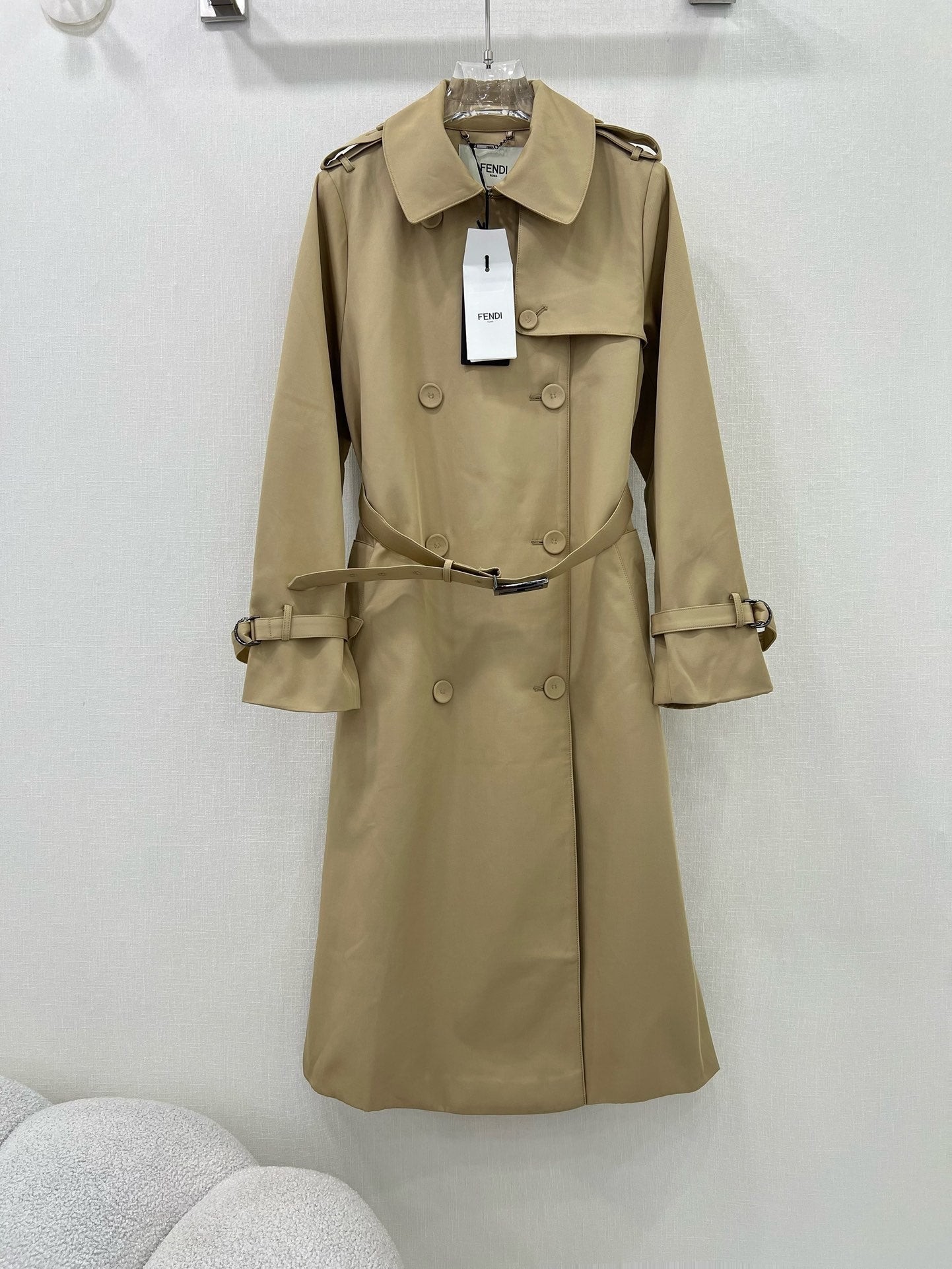 Fendi 25 Lace-up Trench Coat Beige Cotton
