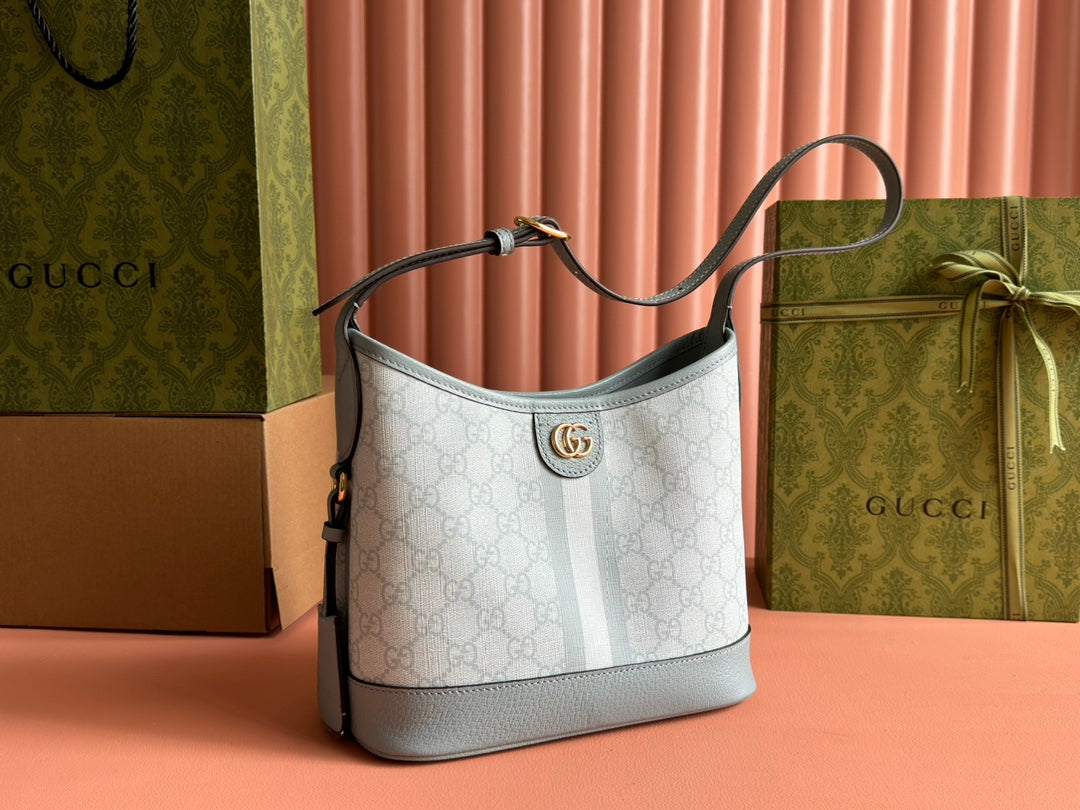 Gucci Ophidia 23cm Bag Gray Blue Canvas Leather 239917