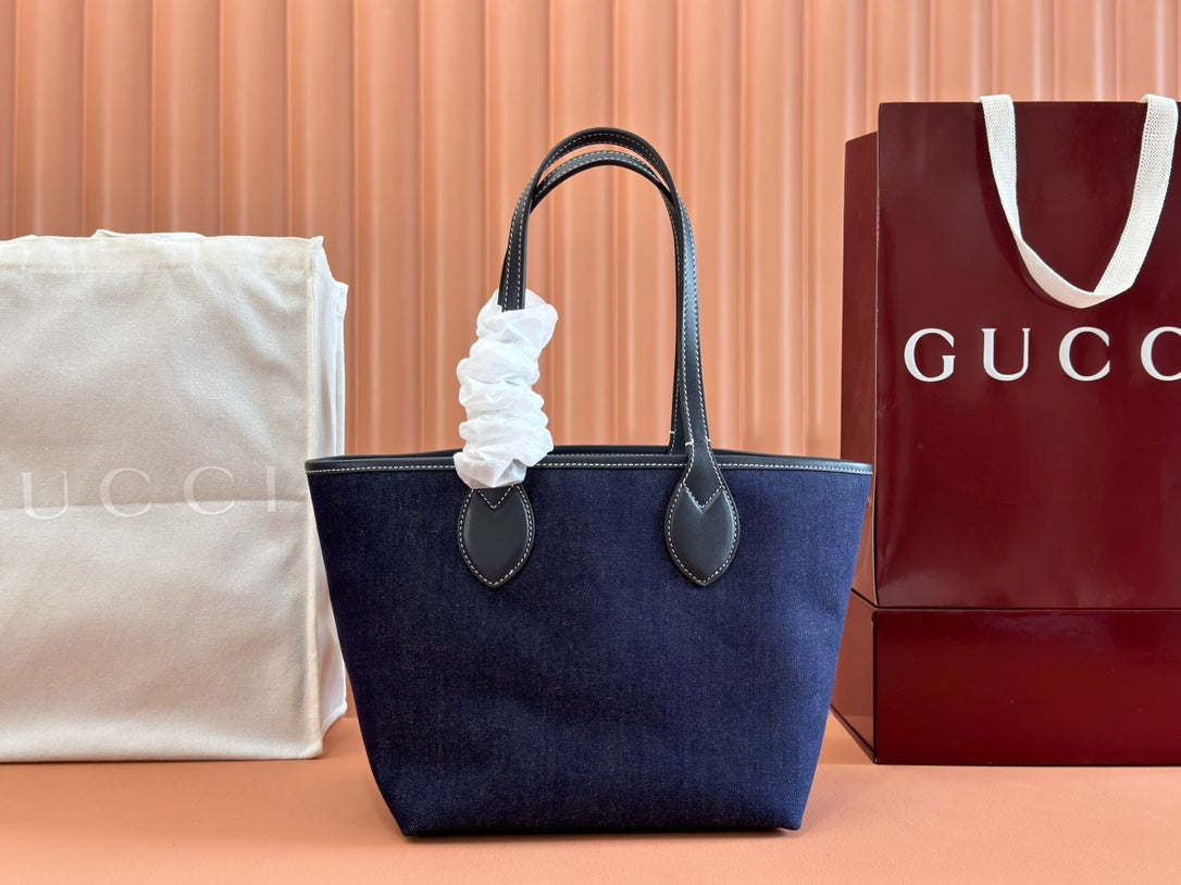 Gucci Totissima Tote Bag Dark Blue Denim Leather