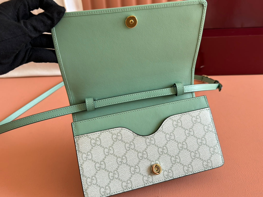 Gucci Emblem Mini Shoulder Bag Beige Green Canvas Leather 244543
