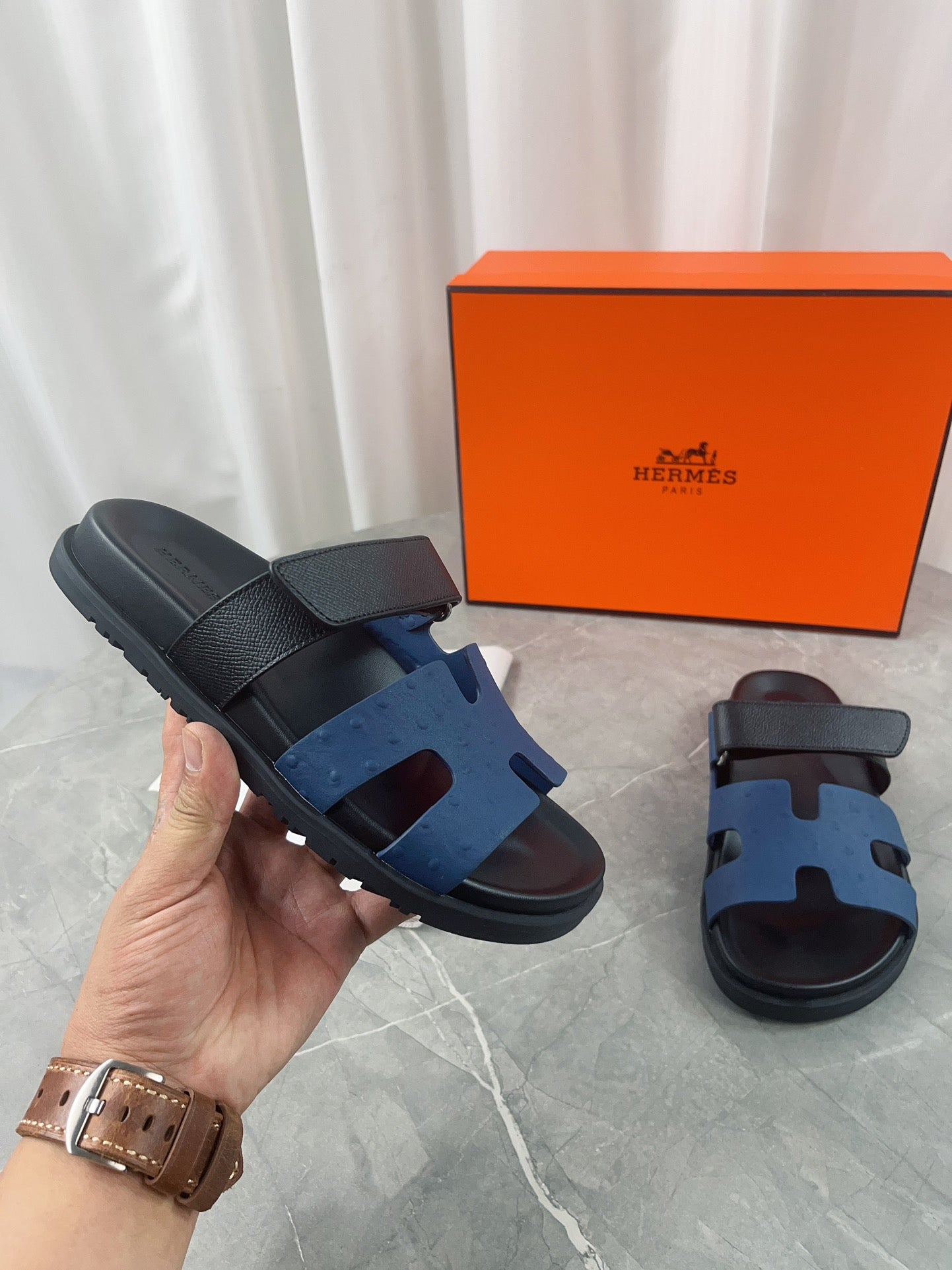 chypre sandal black blue calfskin