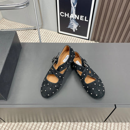 Alaia 2025 Criss Cross With Stud Ballet Flats Black Suede 293205