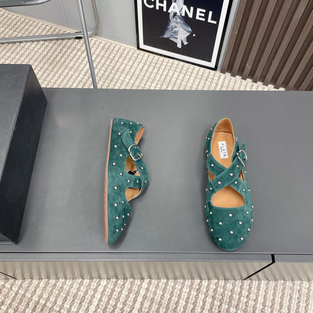 Alaia 2025 Criss Cross With Stud Ballet Flats Emerald Green Suede 293208