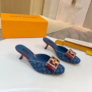 LV 26ss High-Heeled Mules 60 Blue Red Monogram Denim Cowhide 664882