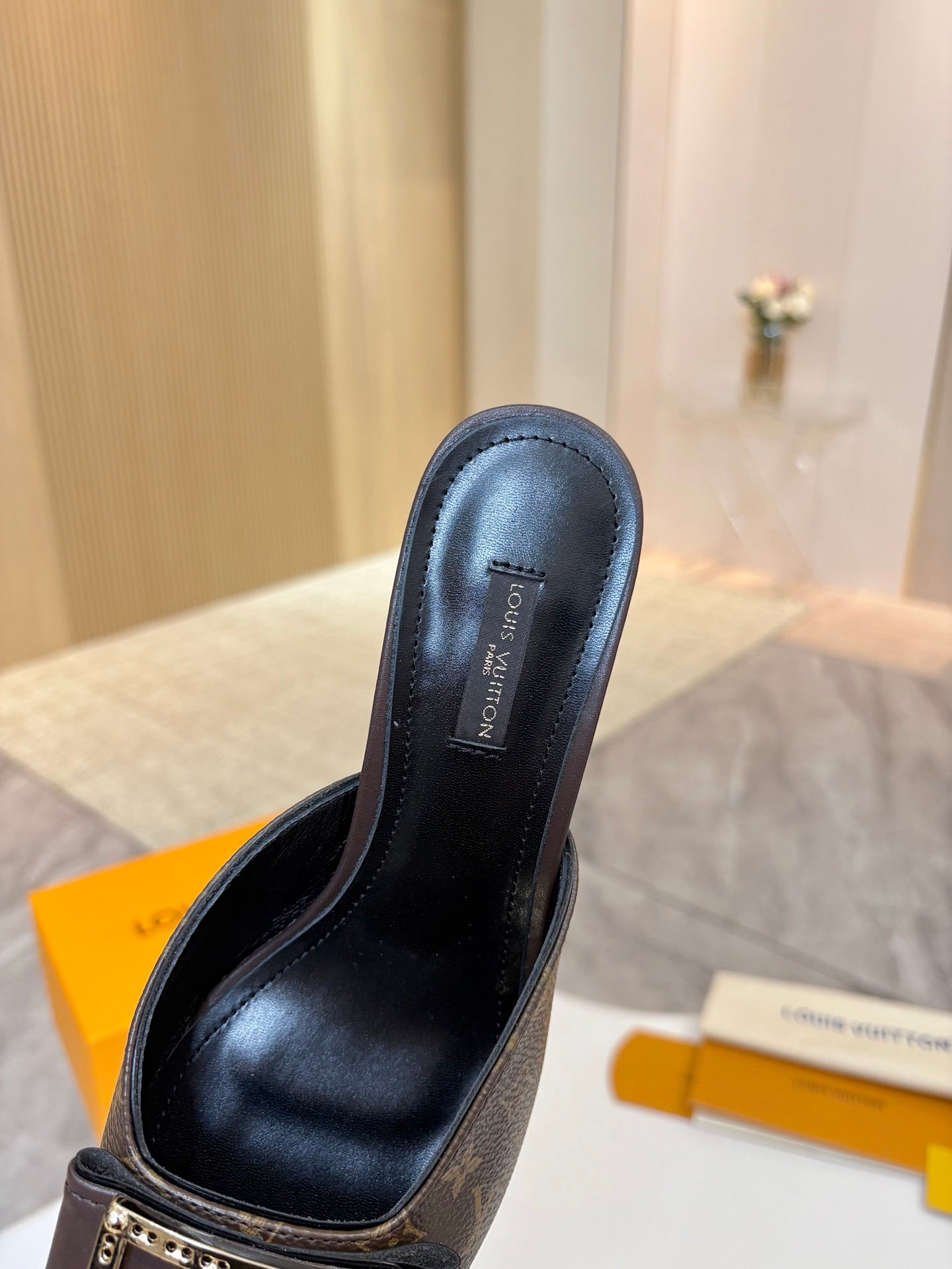 LV 26ss High-Heeled Mules 60 Brown Black Monogram Cowhide 664884