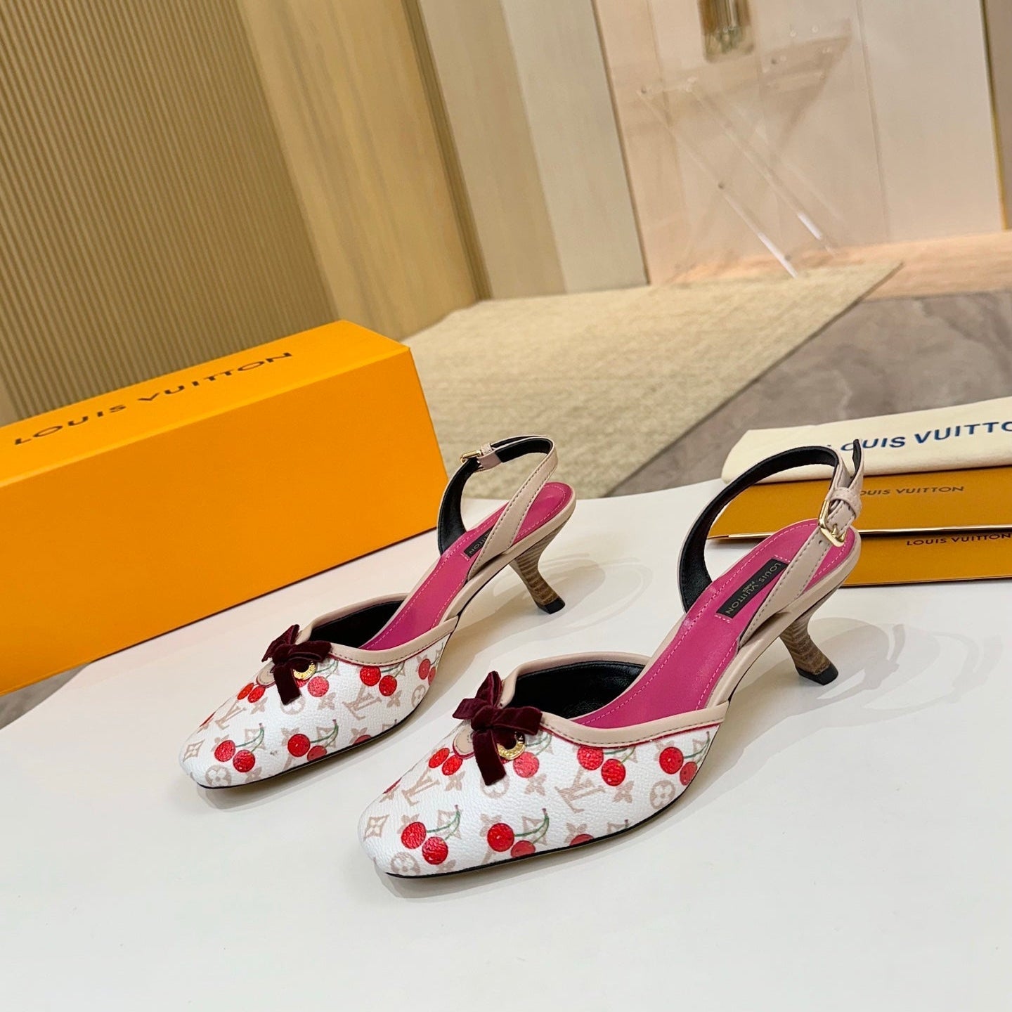 LV 26ss Slingback 60 White Pink Cherry Monogram Cowhide 664894