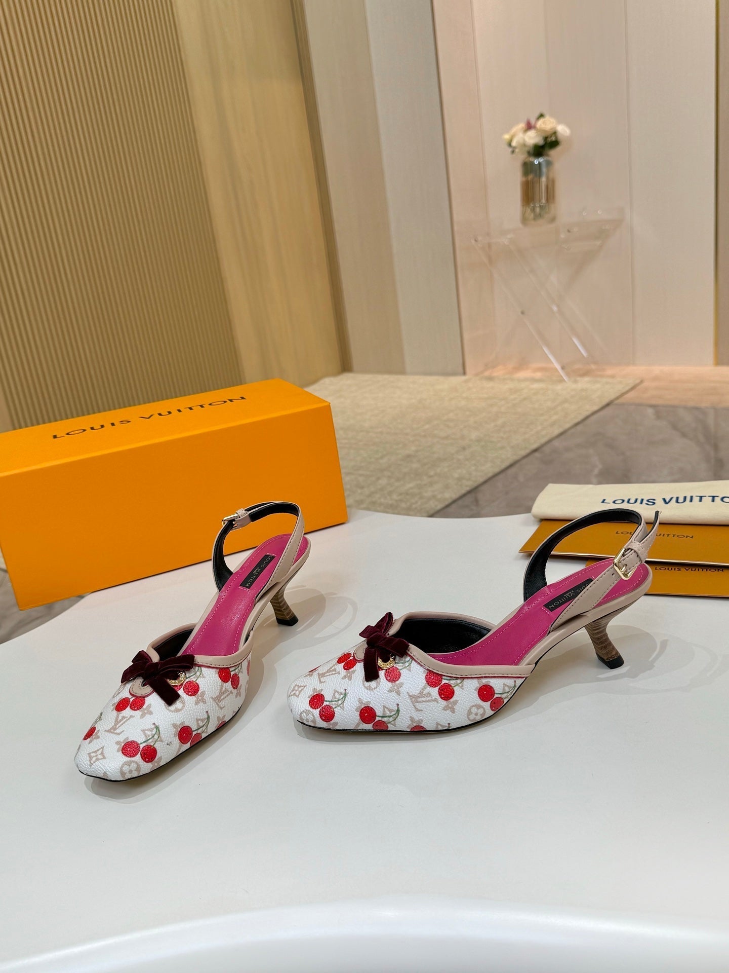 LV 26ss Slingback 60 White Pink Cherry Monogram Cowhide 664894
