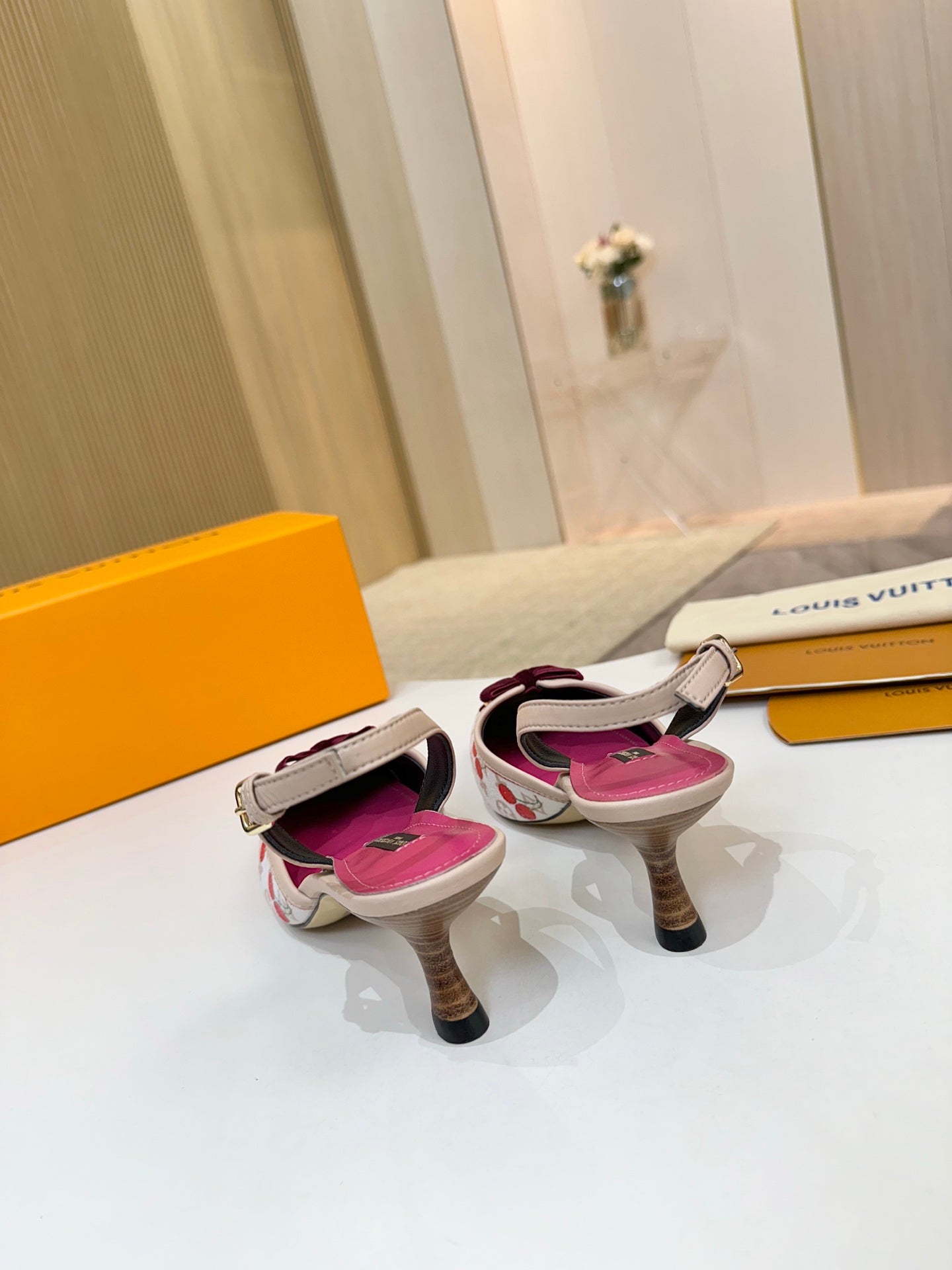 LV 26ss Slingback 60 White Pink Cherry Monogram Cowhide 664894