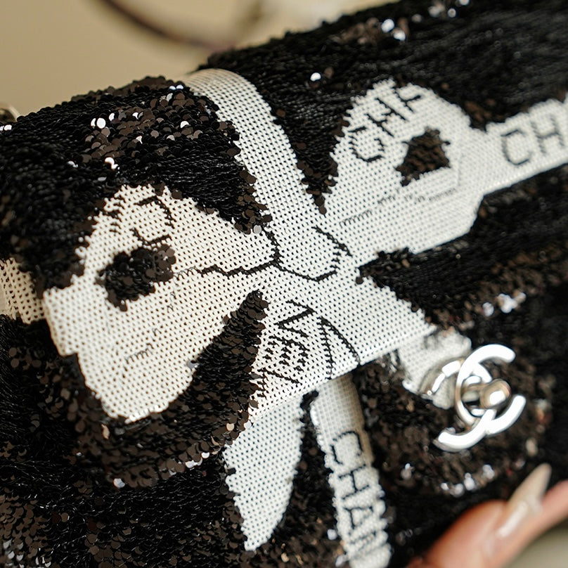 CC 2025 Bow Flap Bag Black White Sequin 308597