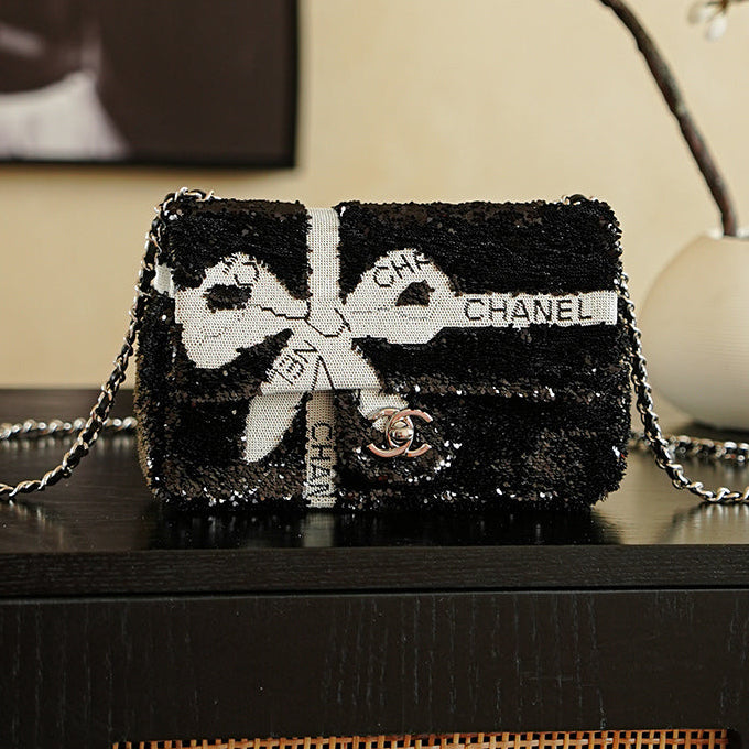 CC 2025 Bow Flap Bag Black White Sequin 308597