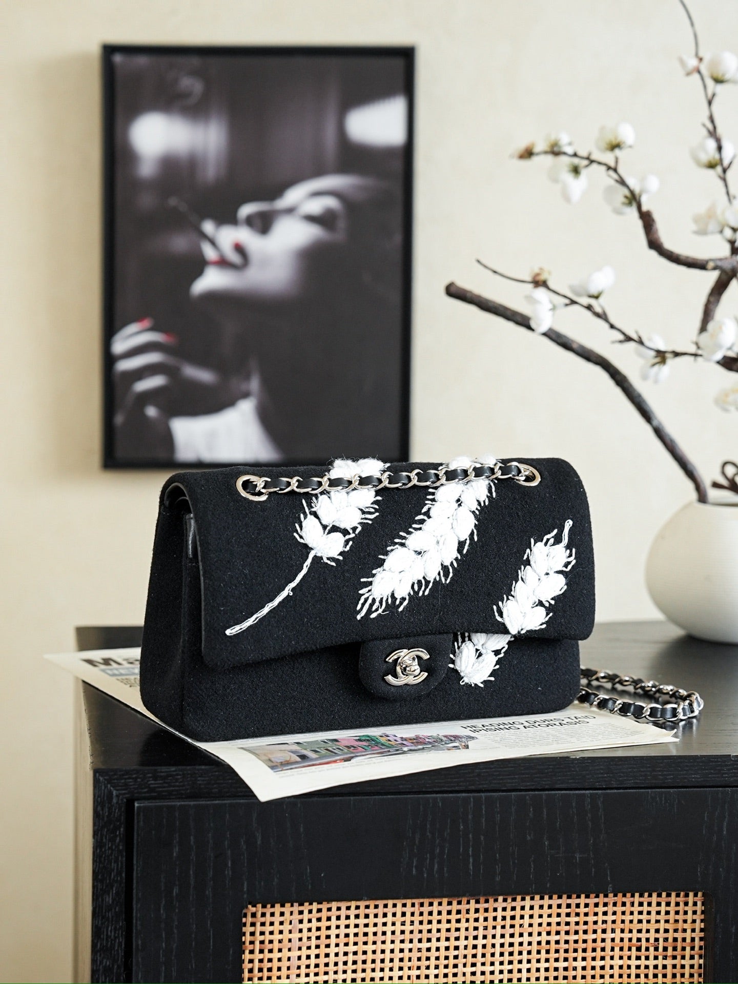 Chanel 2026 Wheat Embroidery Bag 25.5cm Black Velvet Leather