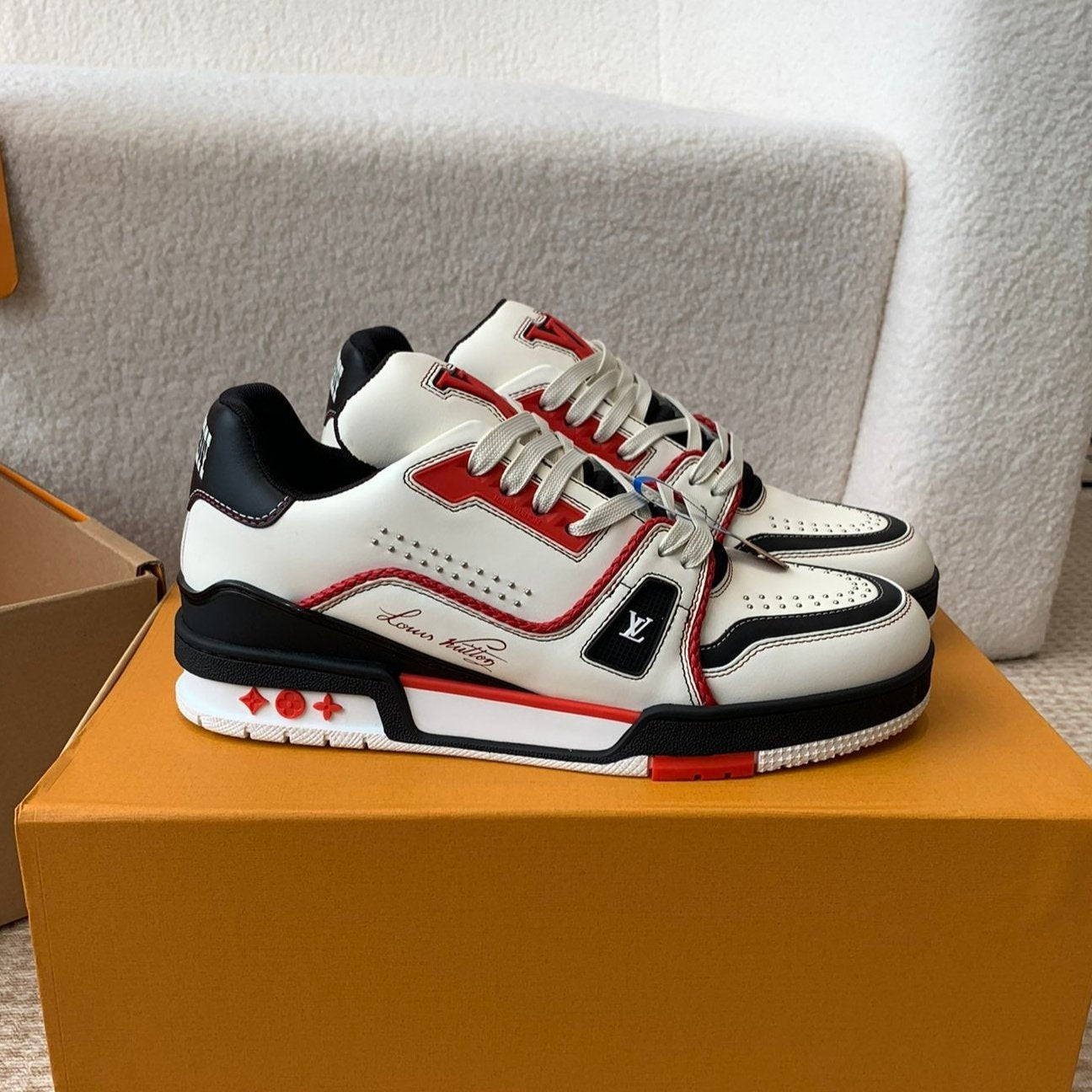 LV Trainer Sneaker White Mix Red Black Cowhide