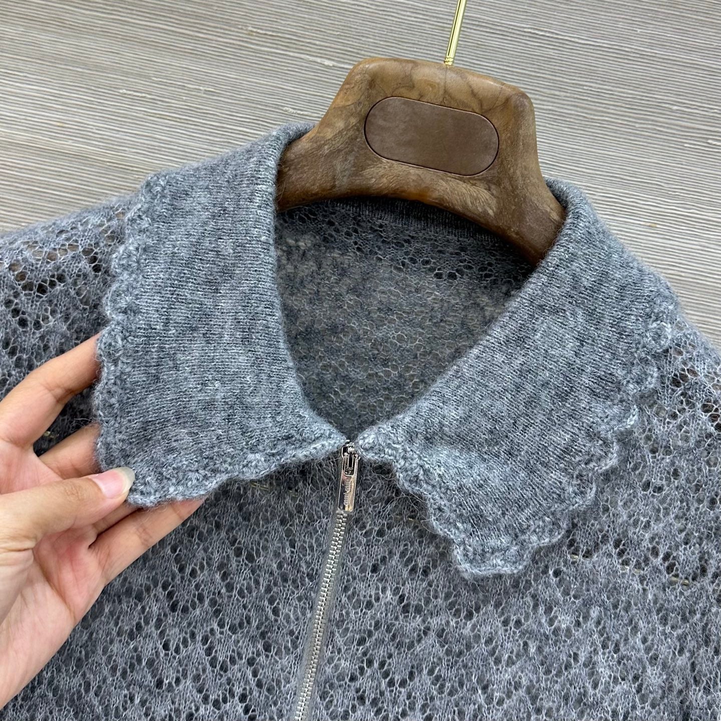 Miumiu 2026 Lace-trimmed Collared Knit Cardigan Grey Wool 837496