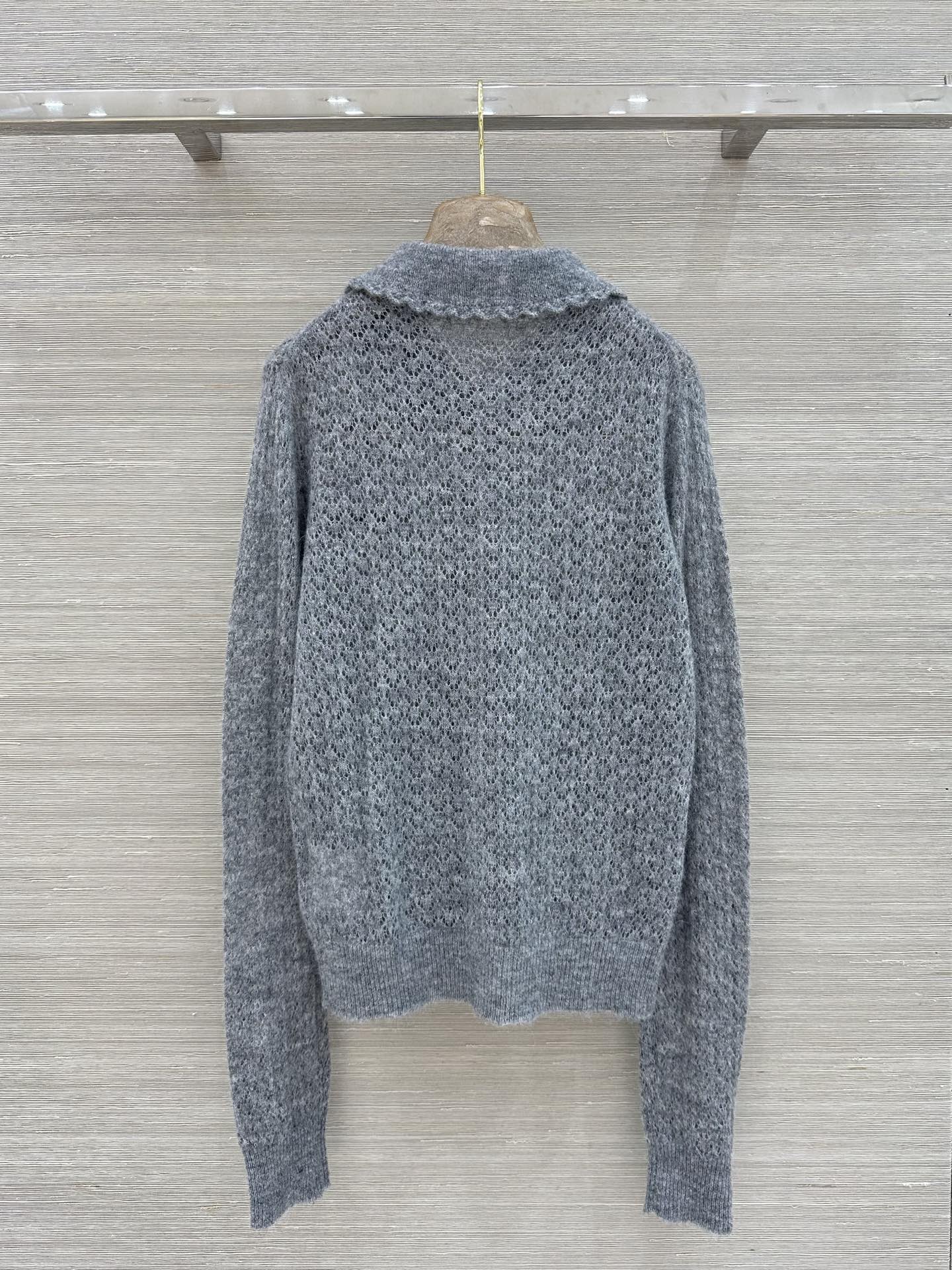 Miumiu 2026 Lace-trimmed Collared Knit Cardigan Grey Wool 837496