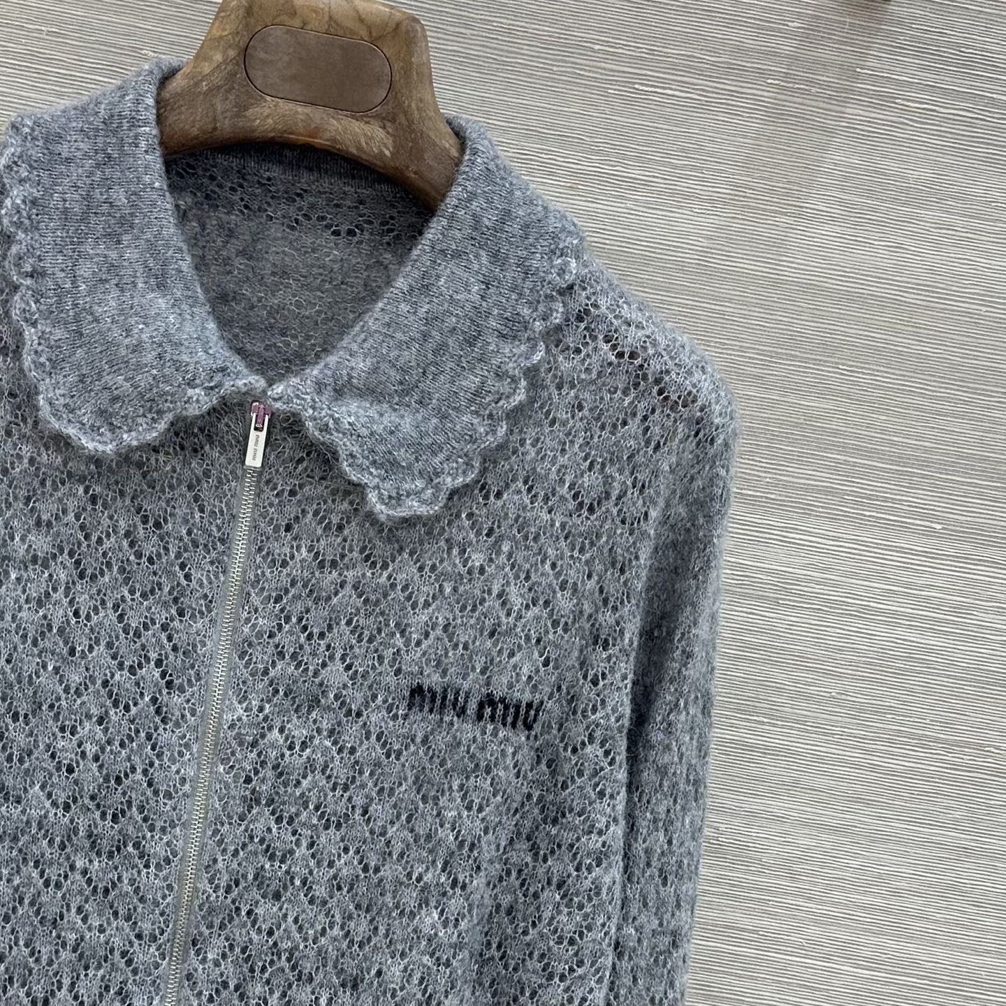 Miumiu 2026 Lace-trimmed Collared Knit Cardigan Grey Wool 837496