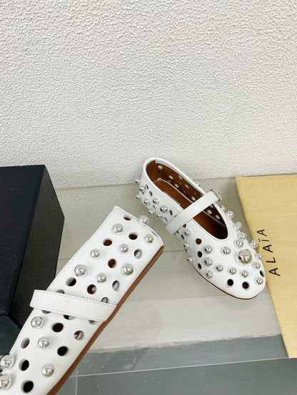 Alaila Ballet Flats In White Lambskin Beaded  897248
