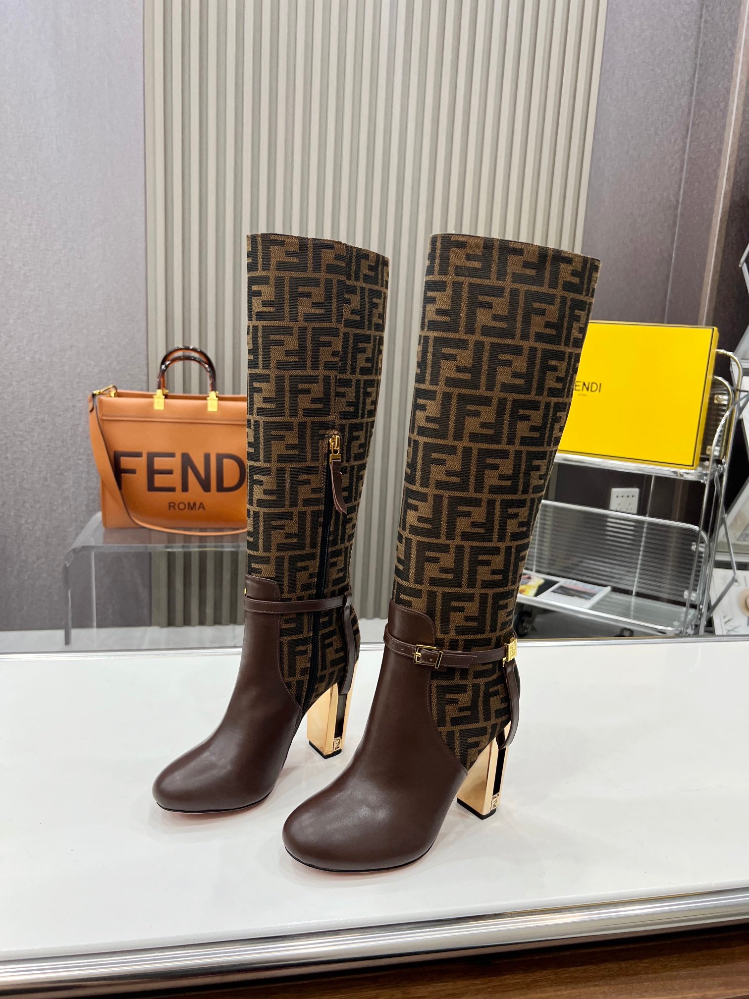FENDI knee boots high heel monogram brown cowhide 521218